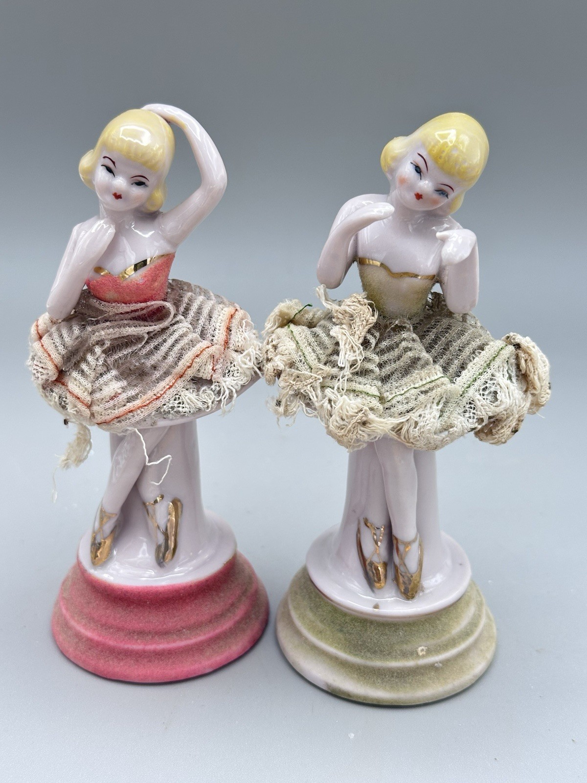 Porcelain Ballerina Flocked Fabric 1940’s Vintage Japan Pair
