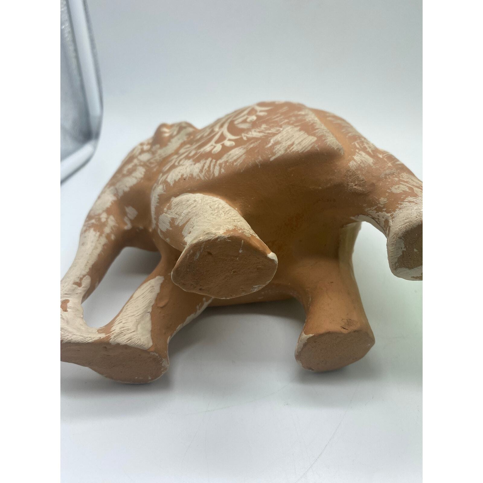 Terracotta Painted ElephantWhite painted Scroll design 6×7″Boho eclectic