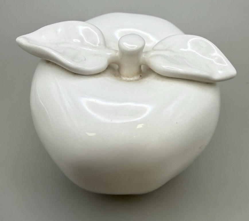 White Ceramic Apple Figurine with Leaf Detail-5″ Decorative Home Accent