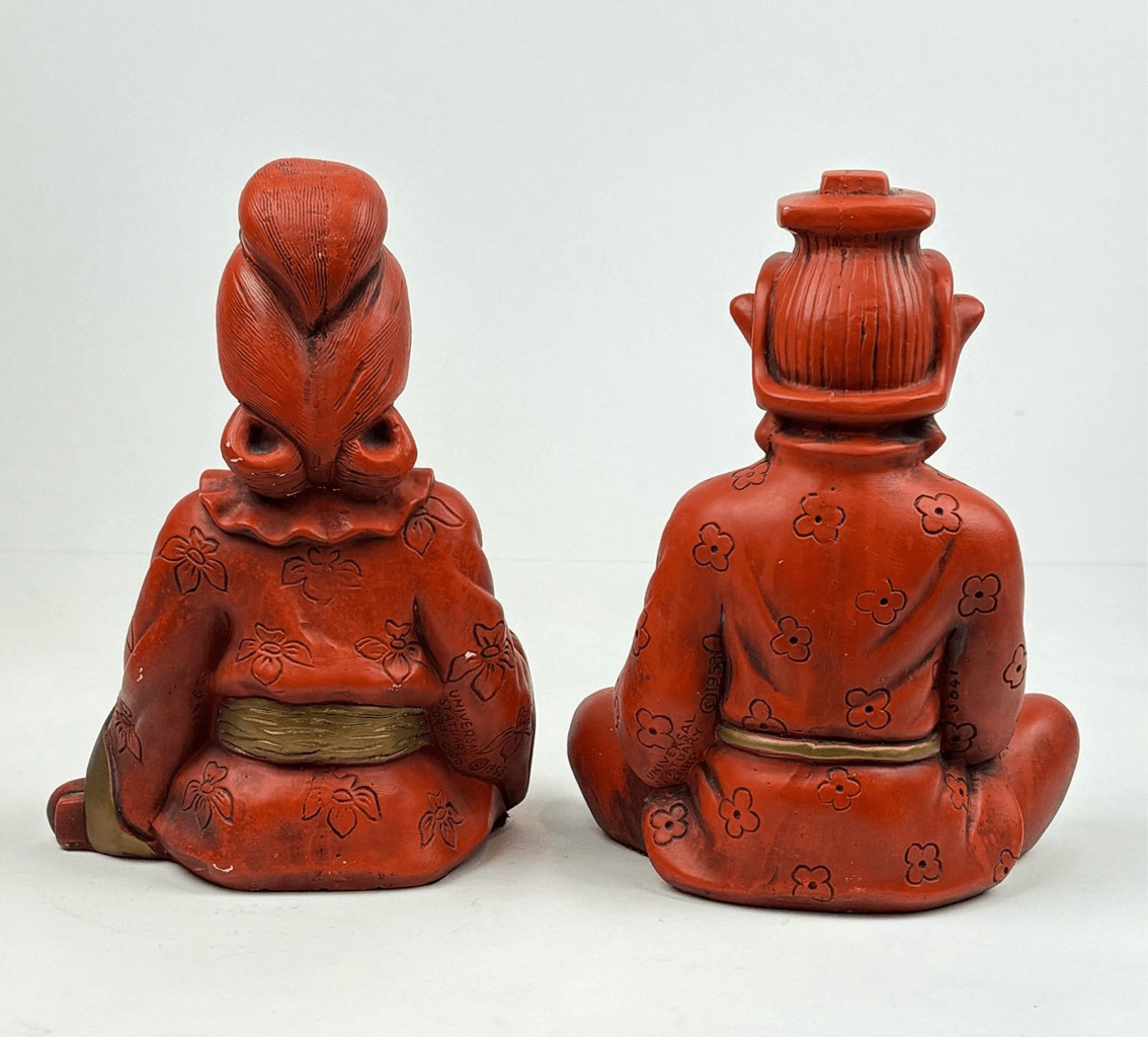 Vintage 1958 Universal Statuary Siam Woman & Man Sitting Statues Orange Gold 10”