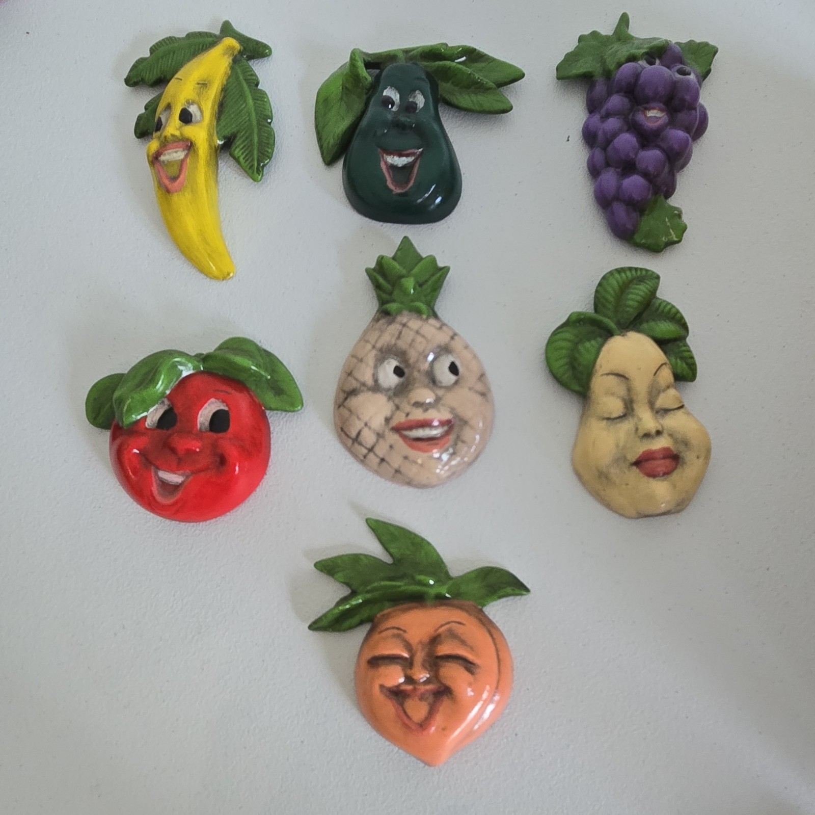 Anthropomorphic Chalkware Wall Plaque Fruit Lot Of 7 Vintage MCM