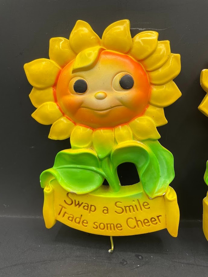 Pair 1973 Miller Studio Chalkware Smiling Sunflower Wall Hooks Vintage Kitsch