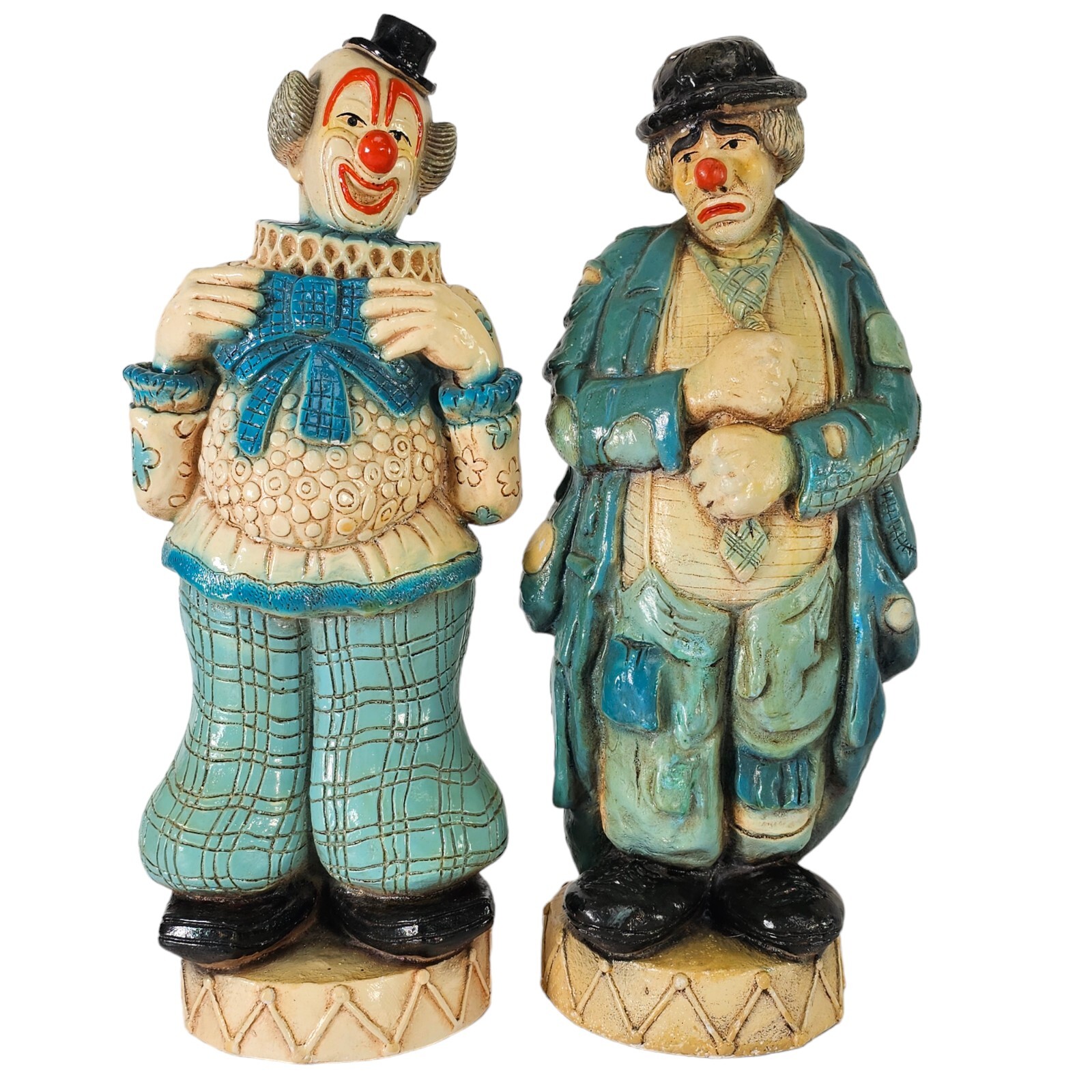 MCM Rare Happy Clown – Sad Clown Blue Statues Figurine Chalkware Pair 18.5″ 1967
