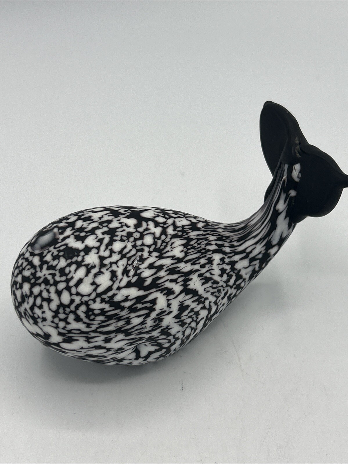 Vtg Matte Black White Spotted Art Glass Whale Sculpture Figurine