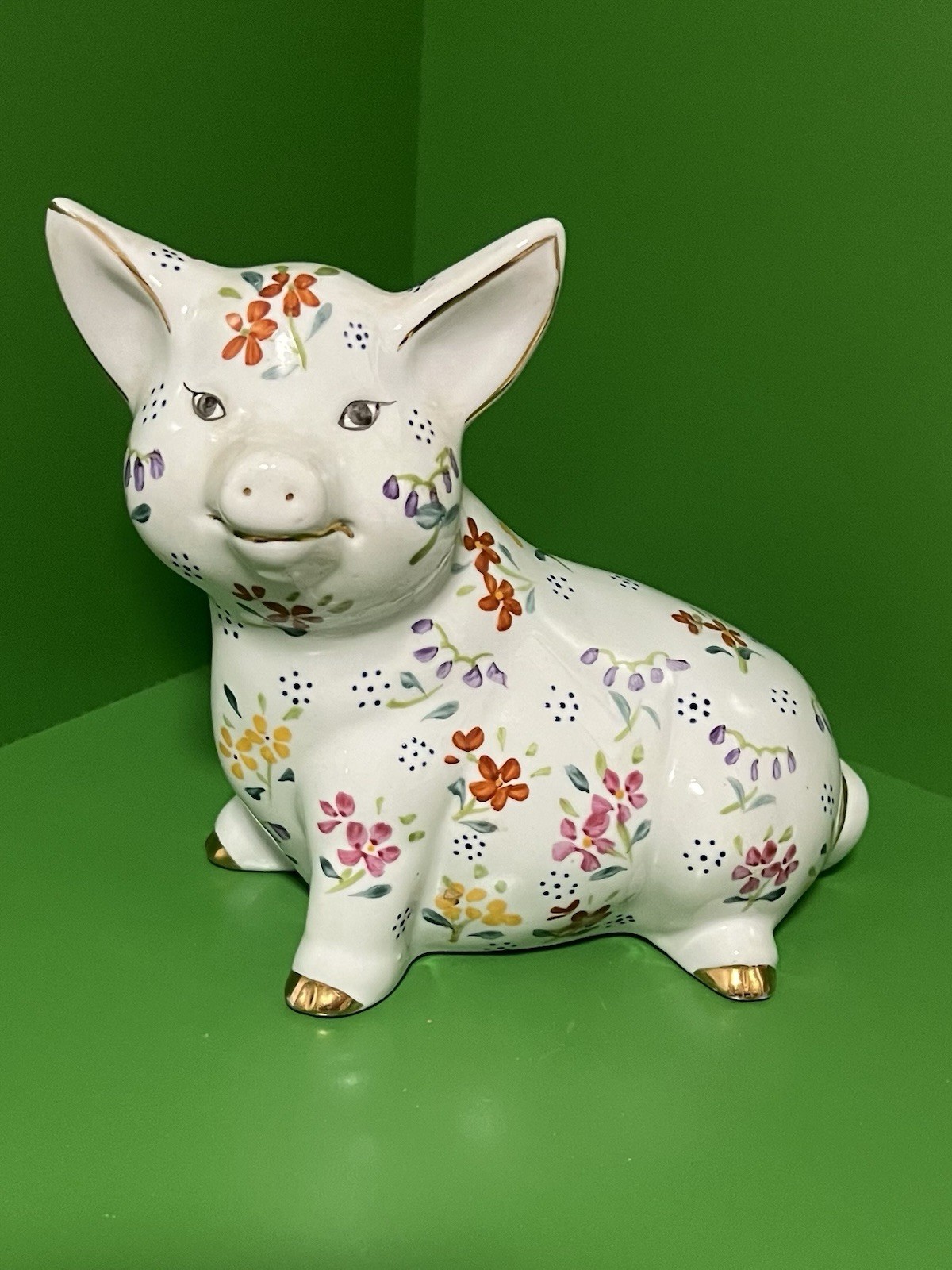 Baum Bros Ceramic Pig Figurine with Gold Accents HandPainted 6 1/4” Art Vintage