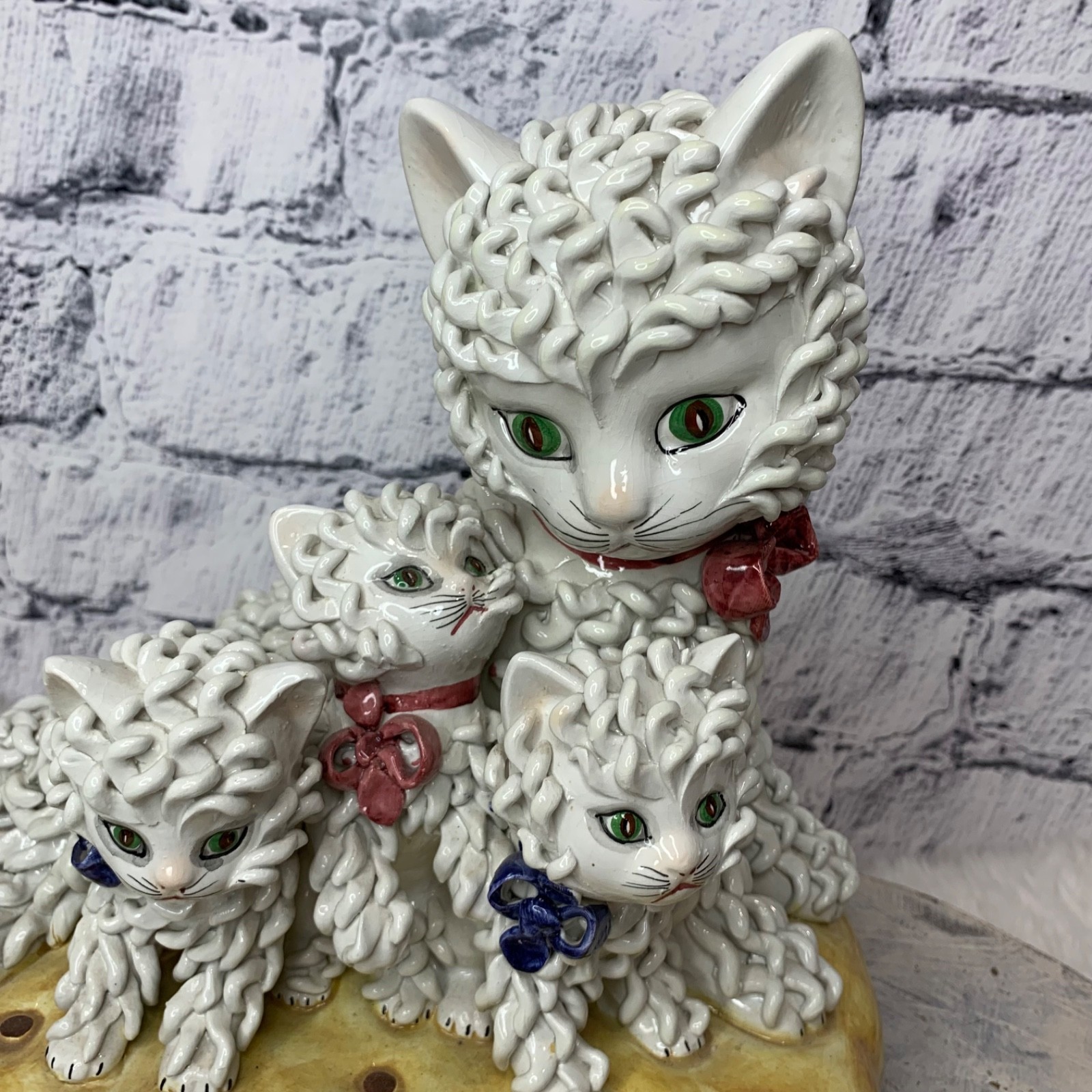 Vintage Italian Spaghetti Trim Cat Family Mother Kittens Pillow 1950s