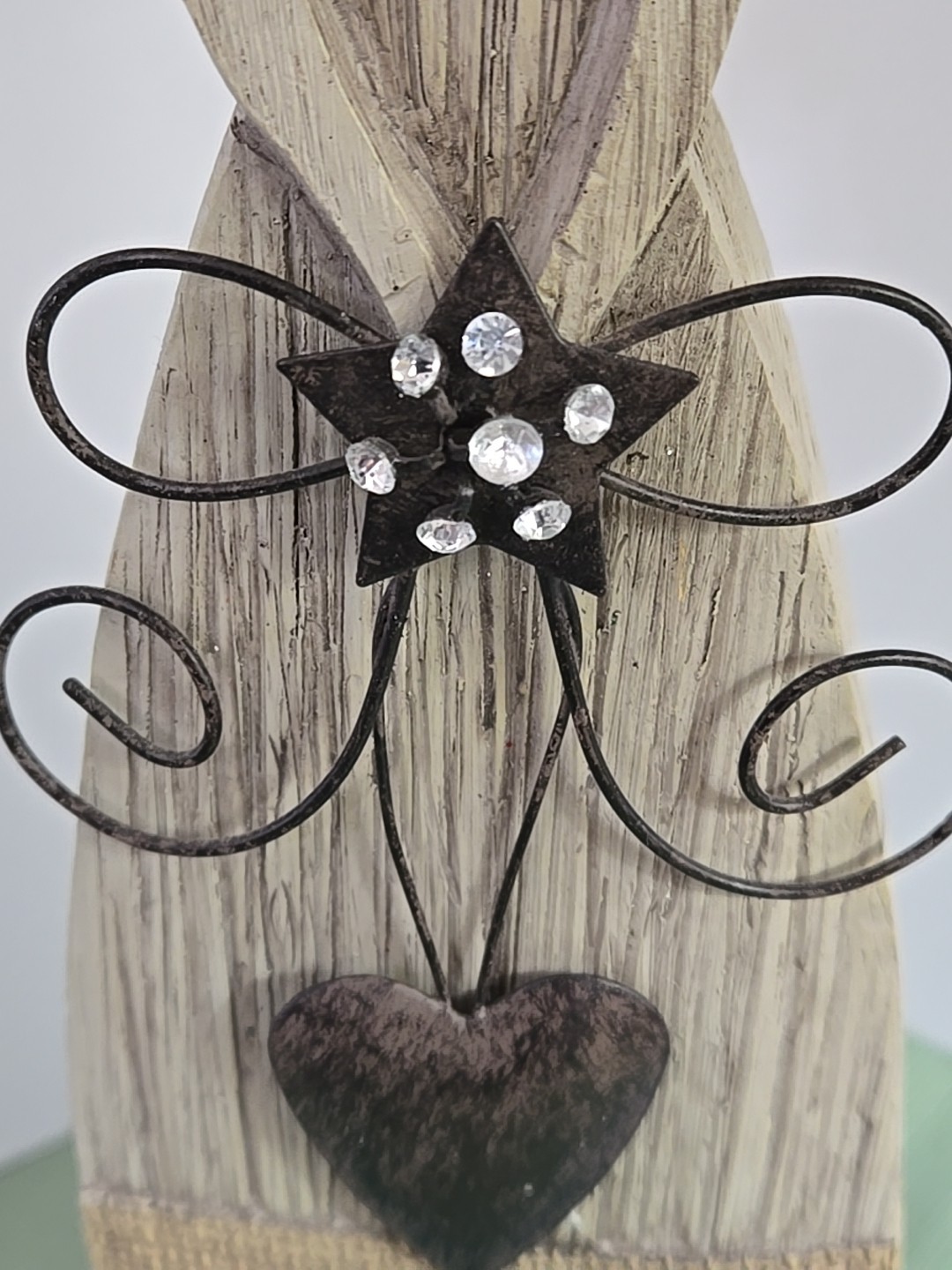 Rustic Farmhouse Wood Angel Gray Rusty Metal Wings Heart Love Rhinestones