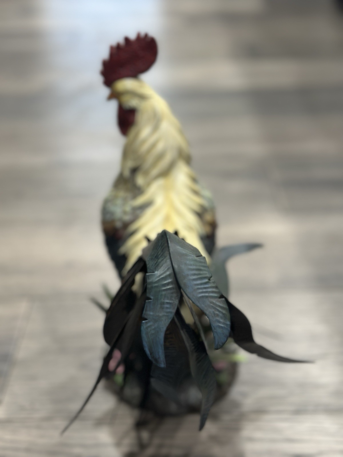 Vintage Resin Rooster Statue With Sheet Metal Tail Feathers Beautiful Piece