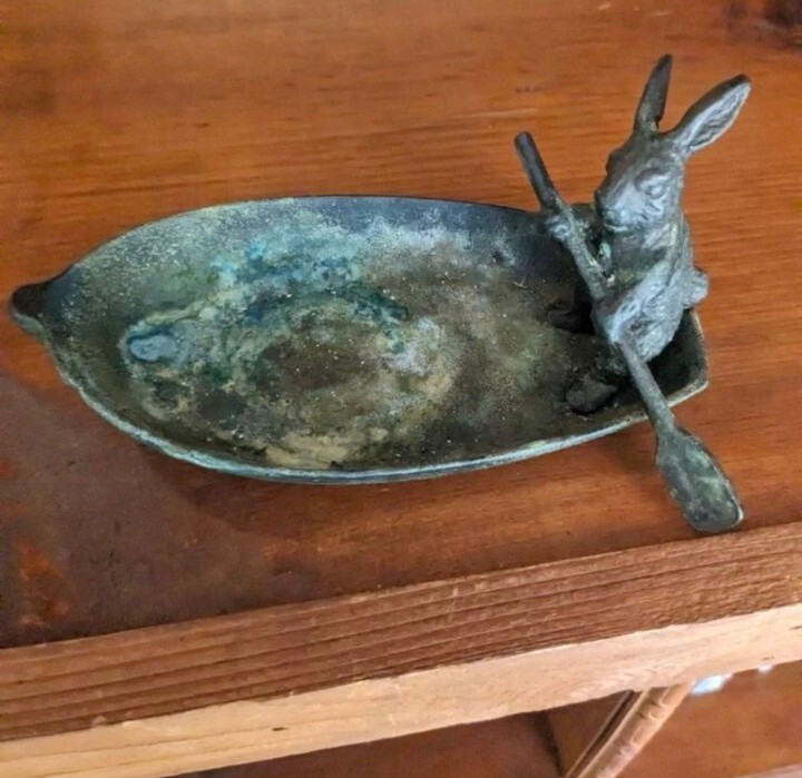 Vintage Rare Cast Metal Bunny Rabbit Rowing Boat Figure Patina Whimsical Collect