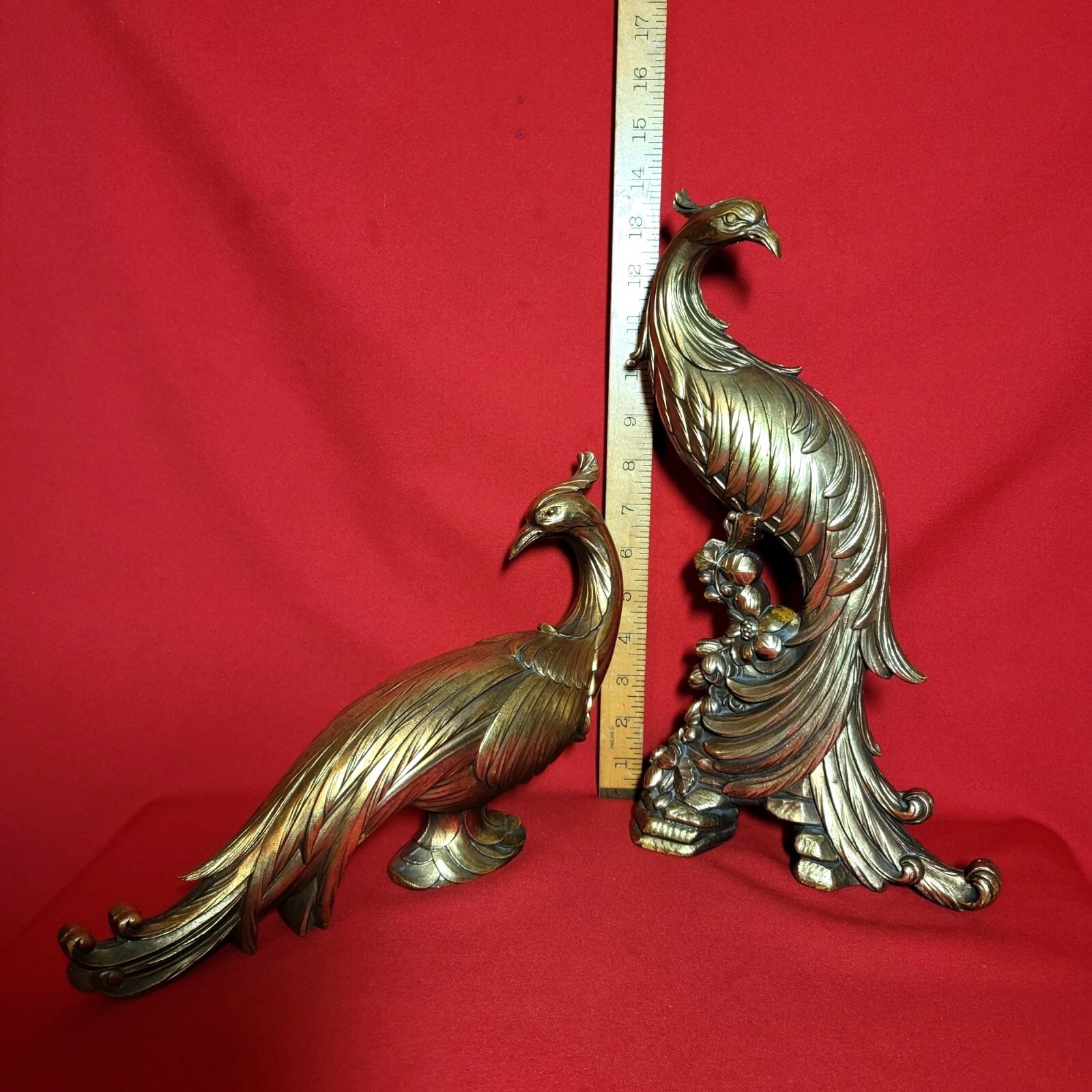 Vintage Syraco Gold Toned Pheasant Peacock Figurines Pair of Table Statuettes