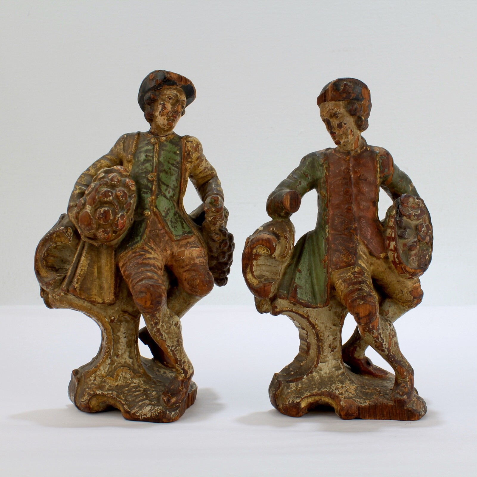 Pair Baroque 18c Carved Polychrome Painted Wooden Continental Figures – santos