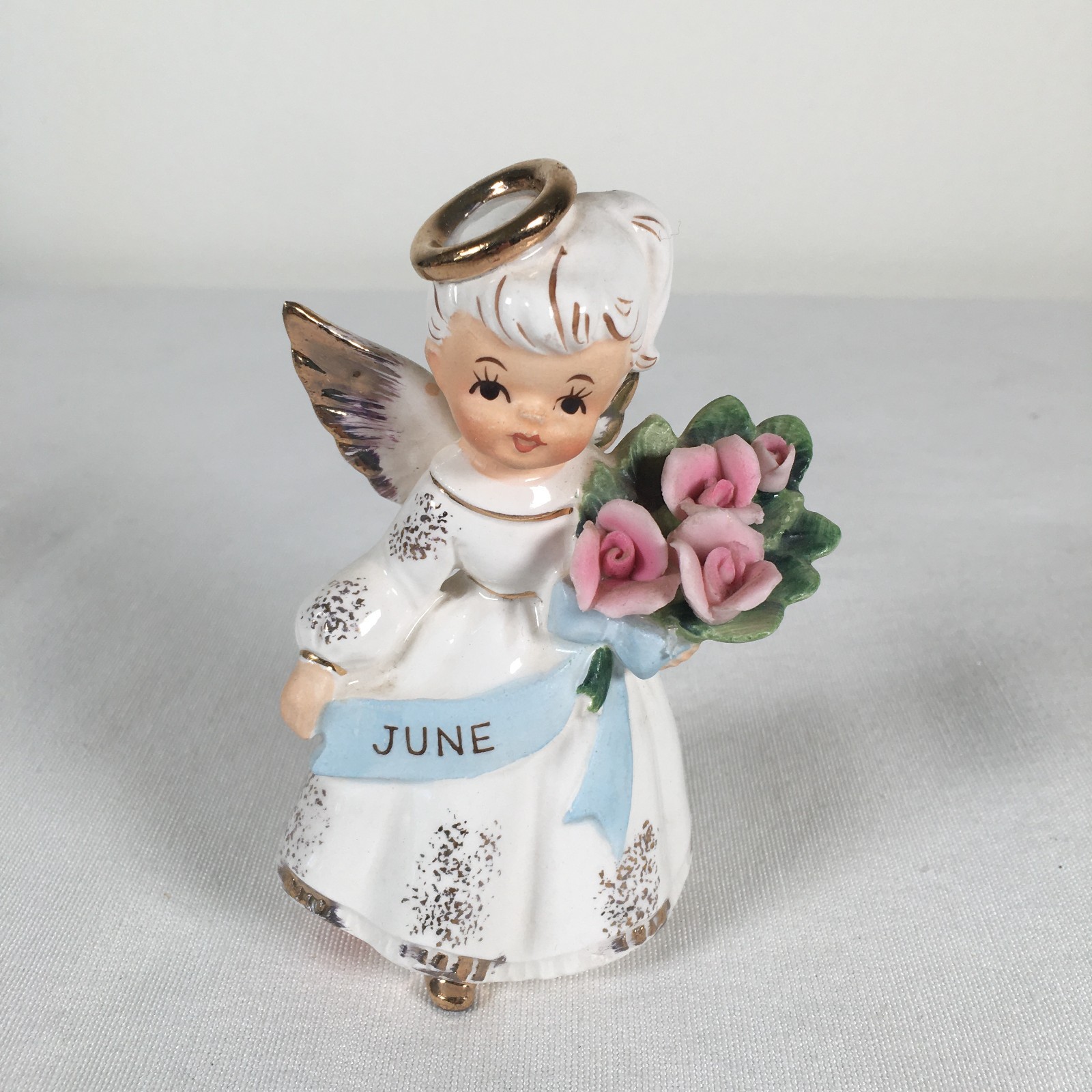 Vintage Kelvin’s Porcelain Birthday Angel JUNE Pink Flowers Gold Trim Japan
