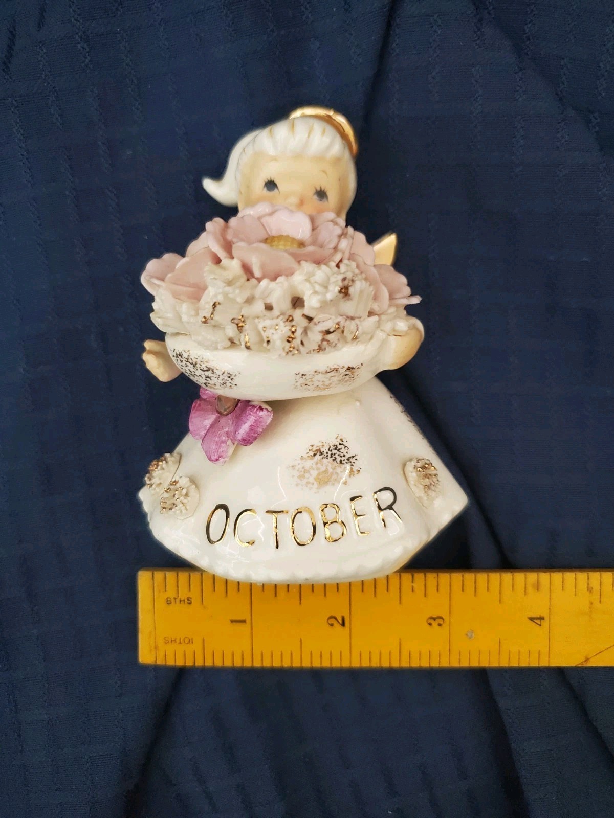 Vintage Lefton 50s Birthday Angel Figurine October Spaghetti Trim Cosmos Zircon