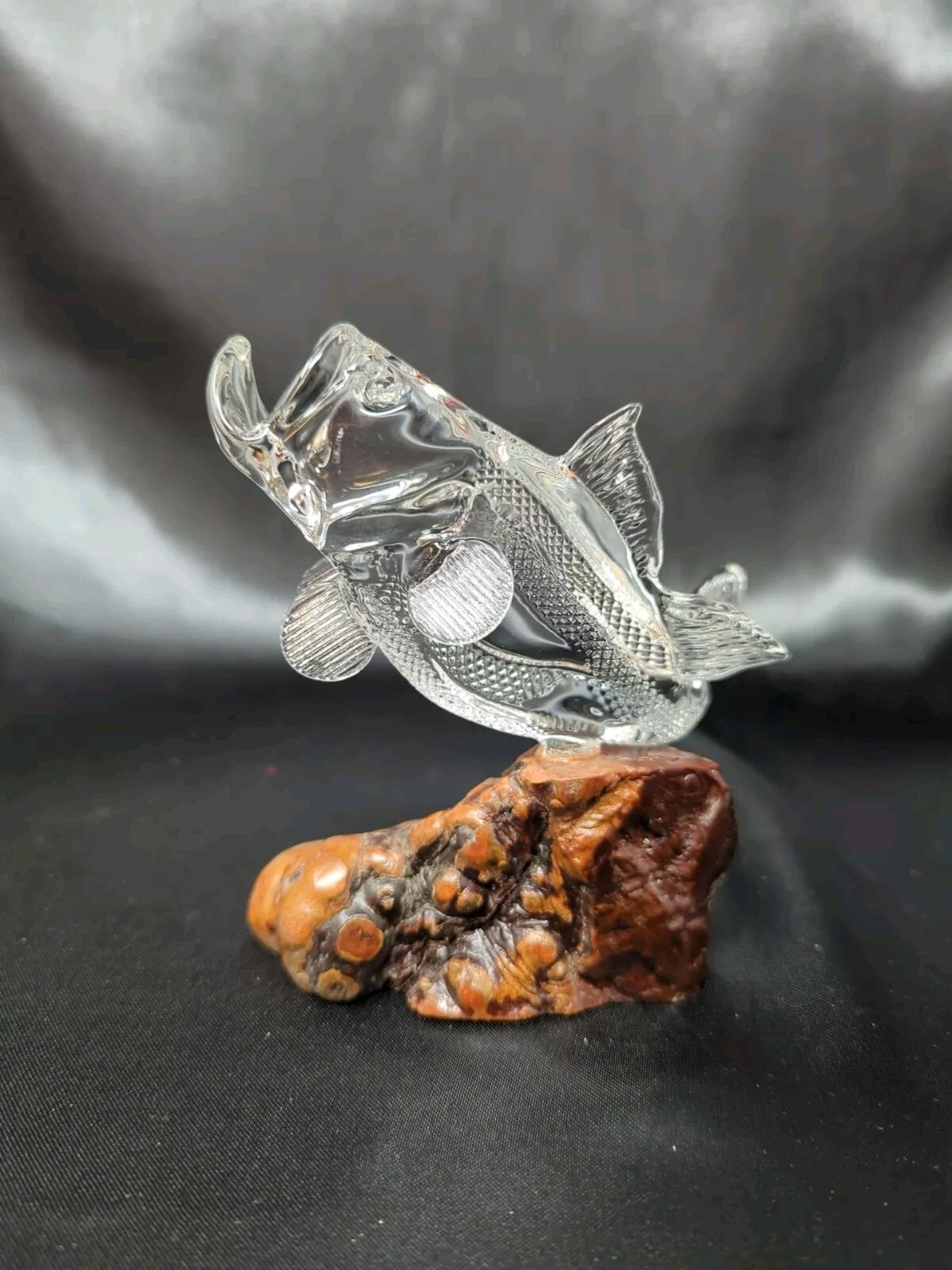 Large Glass Bass Fish Figurine On Wood Burl Clear Glass Figure Fishing