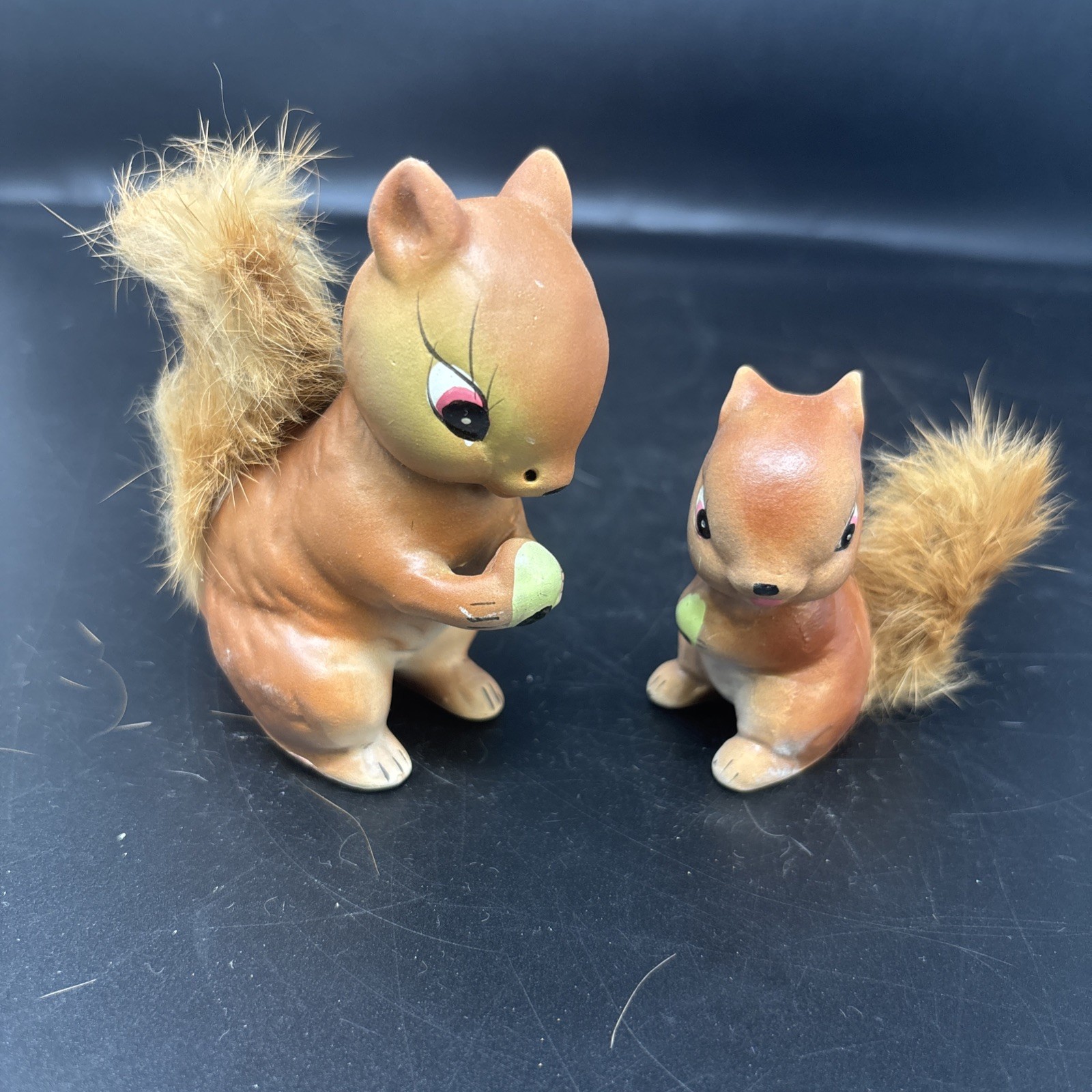 Vintage Squirrels Ceramic Enesco Japan Figurines Faux Fur 2pc Set Japan