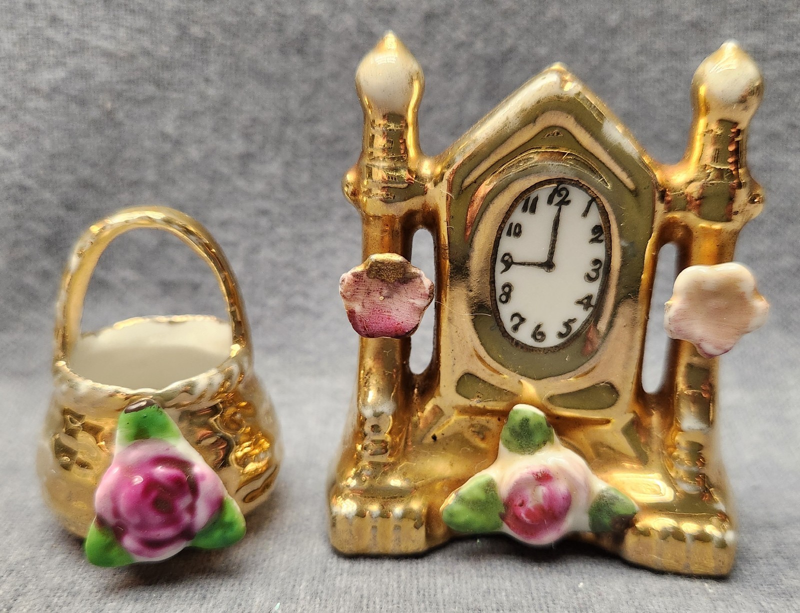 Lot Vintage Japan Miniature Clock Basket Figurine Porcelain Gold Gilt Dollhouse