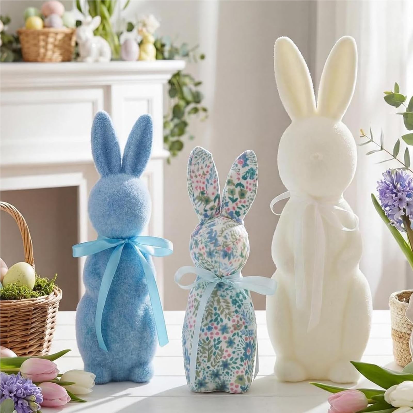 Flocked Bunny Easter Decorations 9/10/13 Inch Rabbit Statue Spring Decor 3 PCS