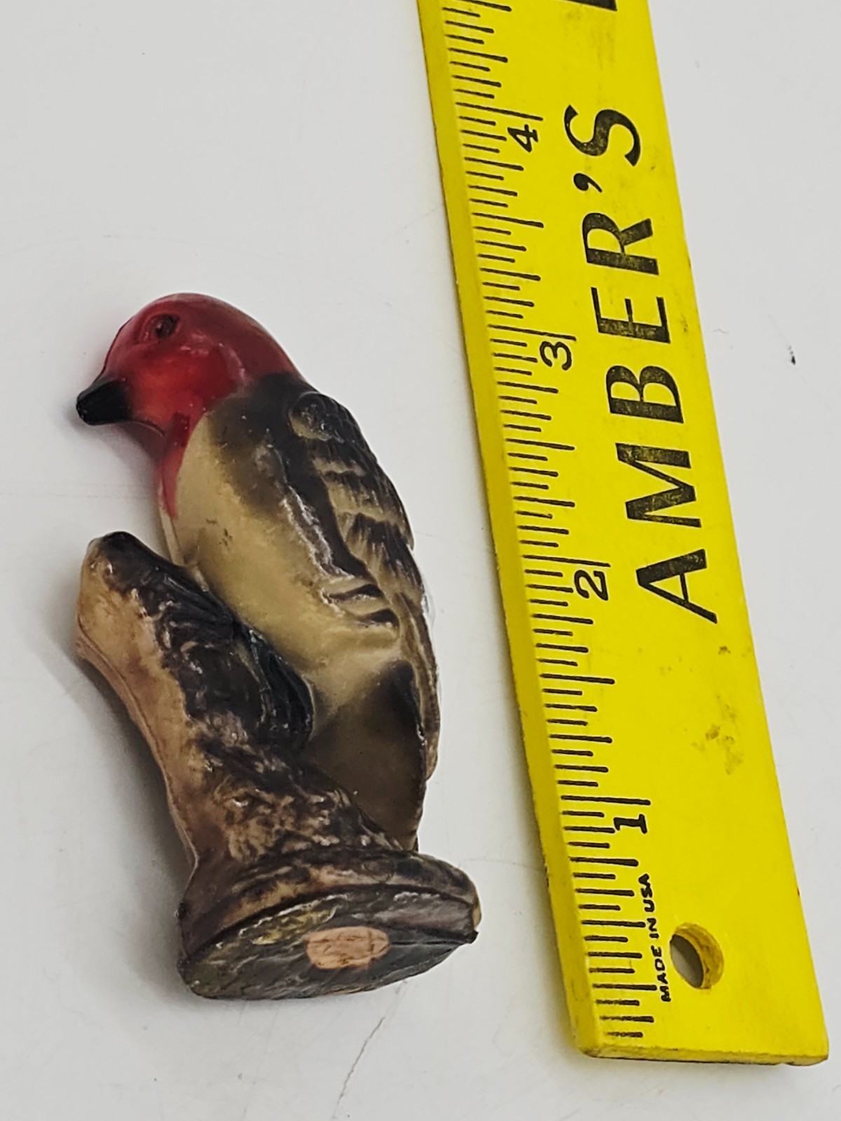 Vintage Red Headed Woodpecker Figurine Hard Plastic 2.5 inch Mid Century Bird