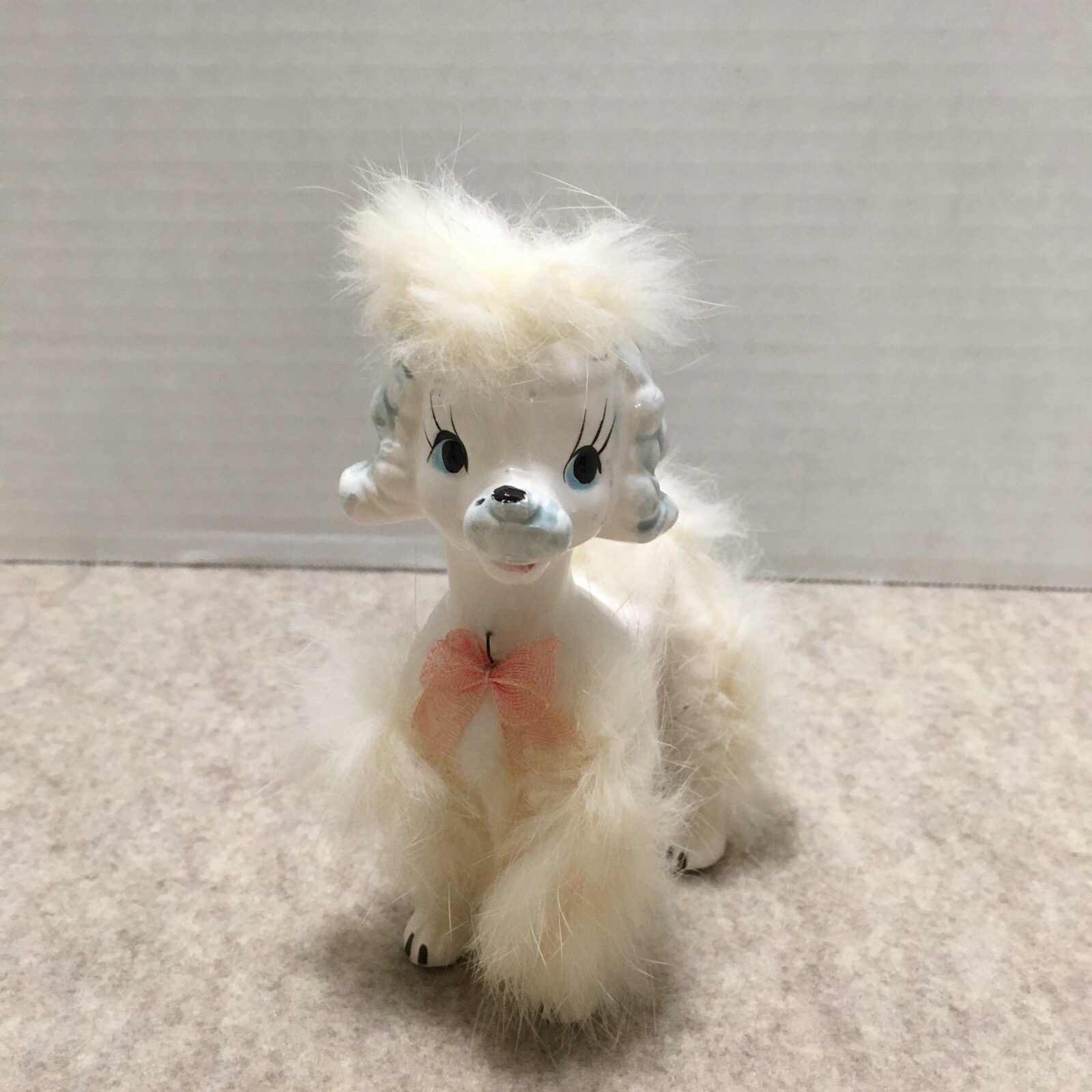 2 Giftcraft Poodle Ceramic Dogs White Angora Fur Figurines 5″ & 6″ Pink Bows