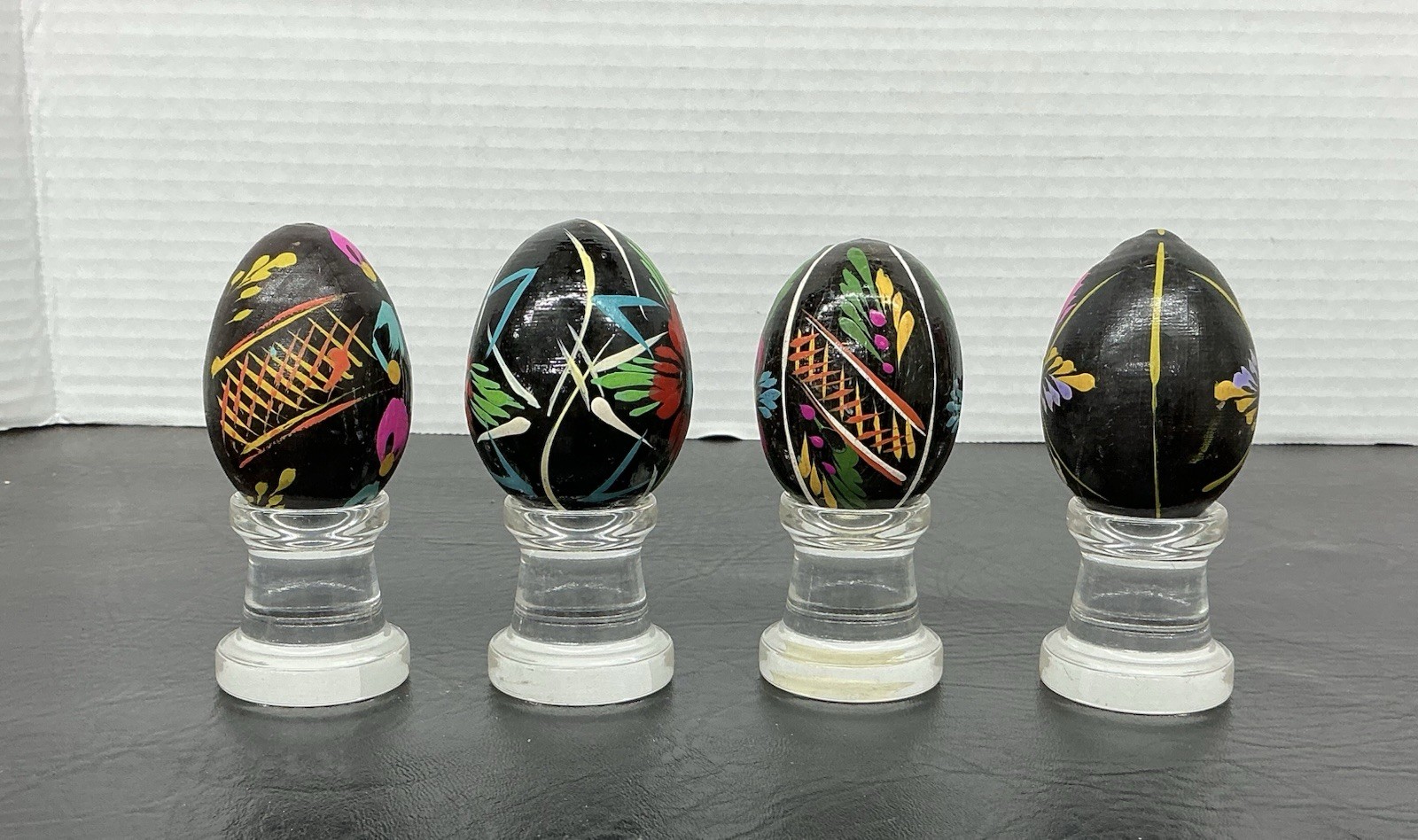 4 Vtg Easter Egg Wooden Hand Painted Ukrainian Polish Black Colorful Eggs