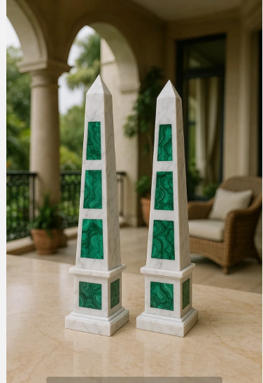 12″ two pcs White Marble Obelisk malachite inlay home decor art & collectible