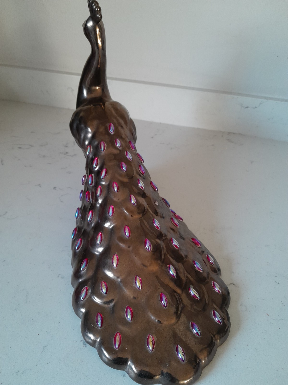 Unique Vintage Mid Century Hand Painted Jeweled Feathers Peacock Ceramic Statue