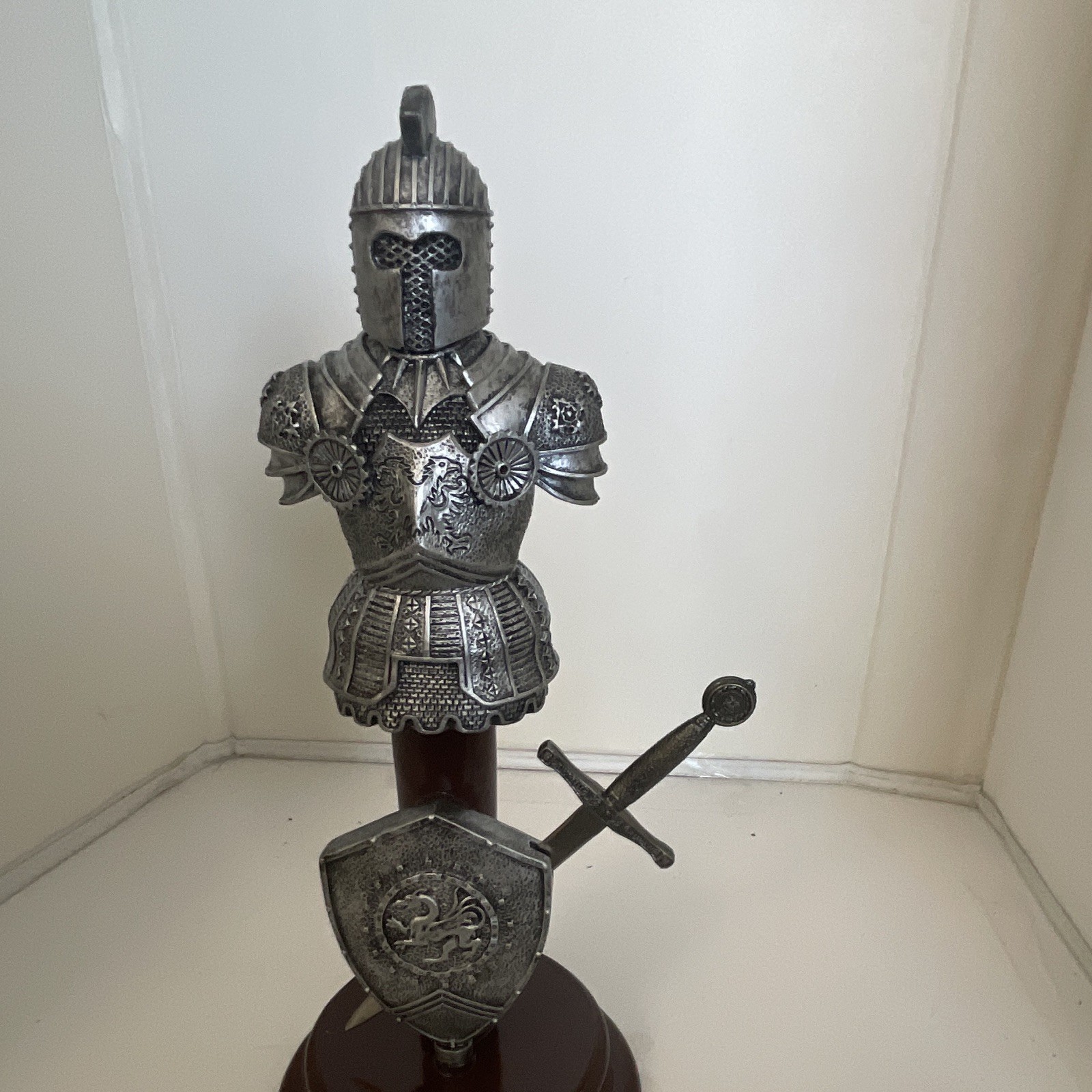 Medieval Knight Armor Figurine, Silver Tone, Wooden Base, Sword & Shield