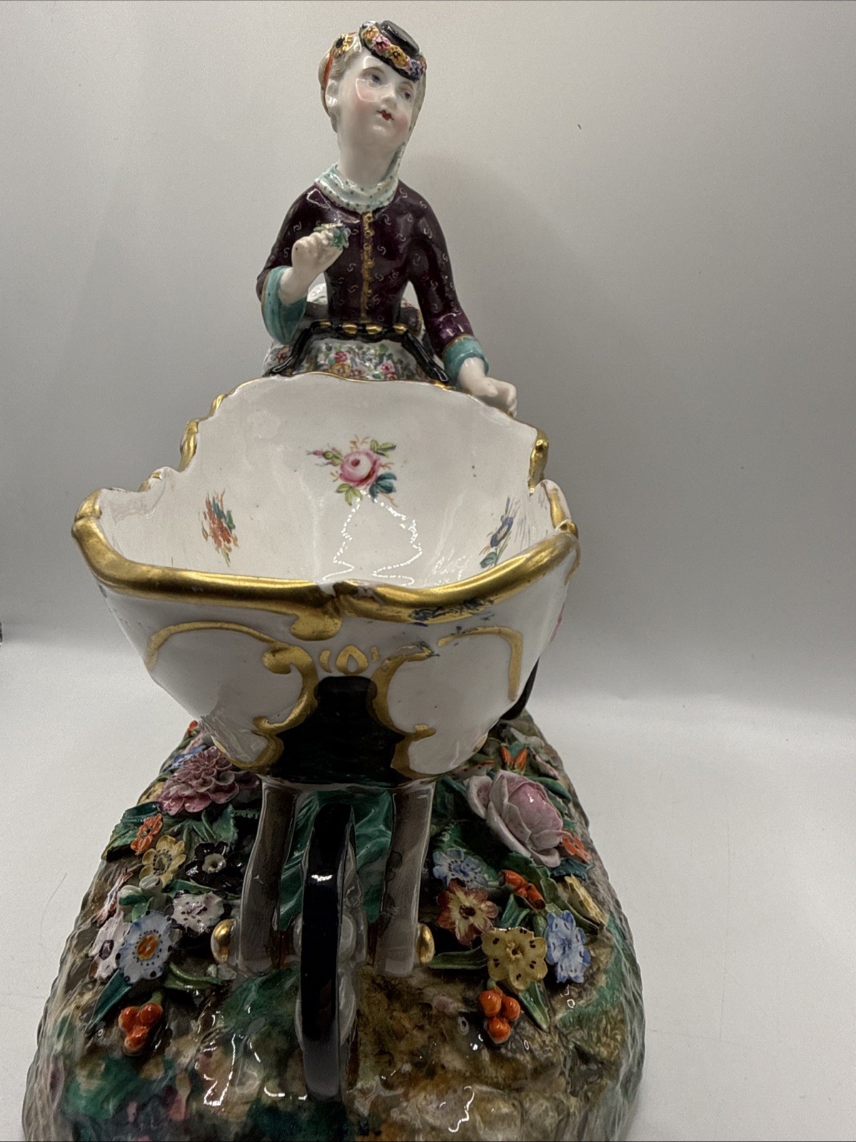 Antique 1880-90 Hand Painted Sitzendorf Porcelain Figure Flowers Wheel Barrow