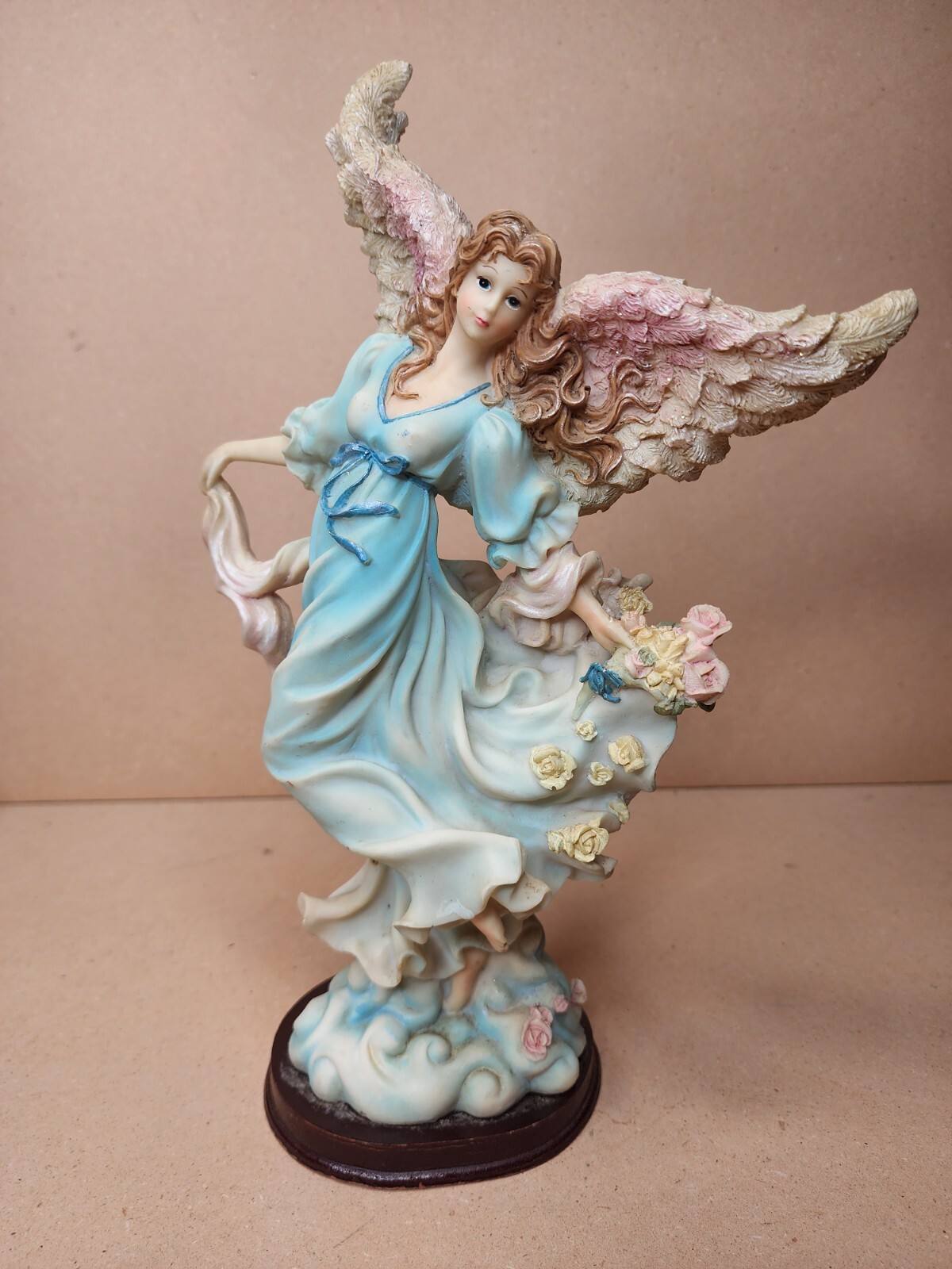 Vintage Large Seraphim Angel with Blue Dress and Pink and Yellow Flowers
