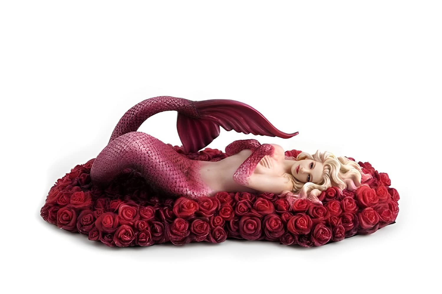 Red Mermaid Floating in Sea of Roses Statue Sculpture Figurine by Artist Selena