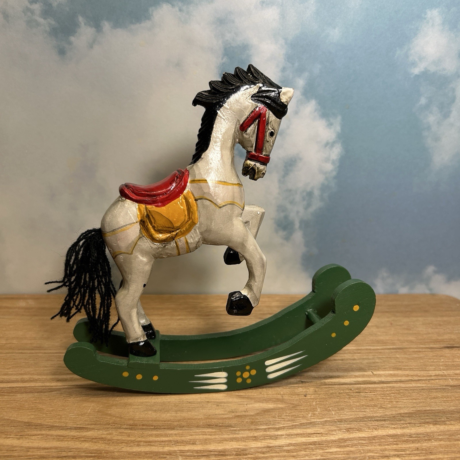 Small Hand Carved Hand Painted Wooden Rocking Horse Approx 6″By 6″