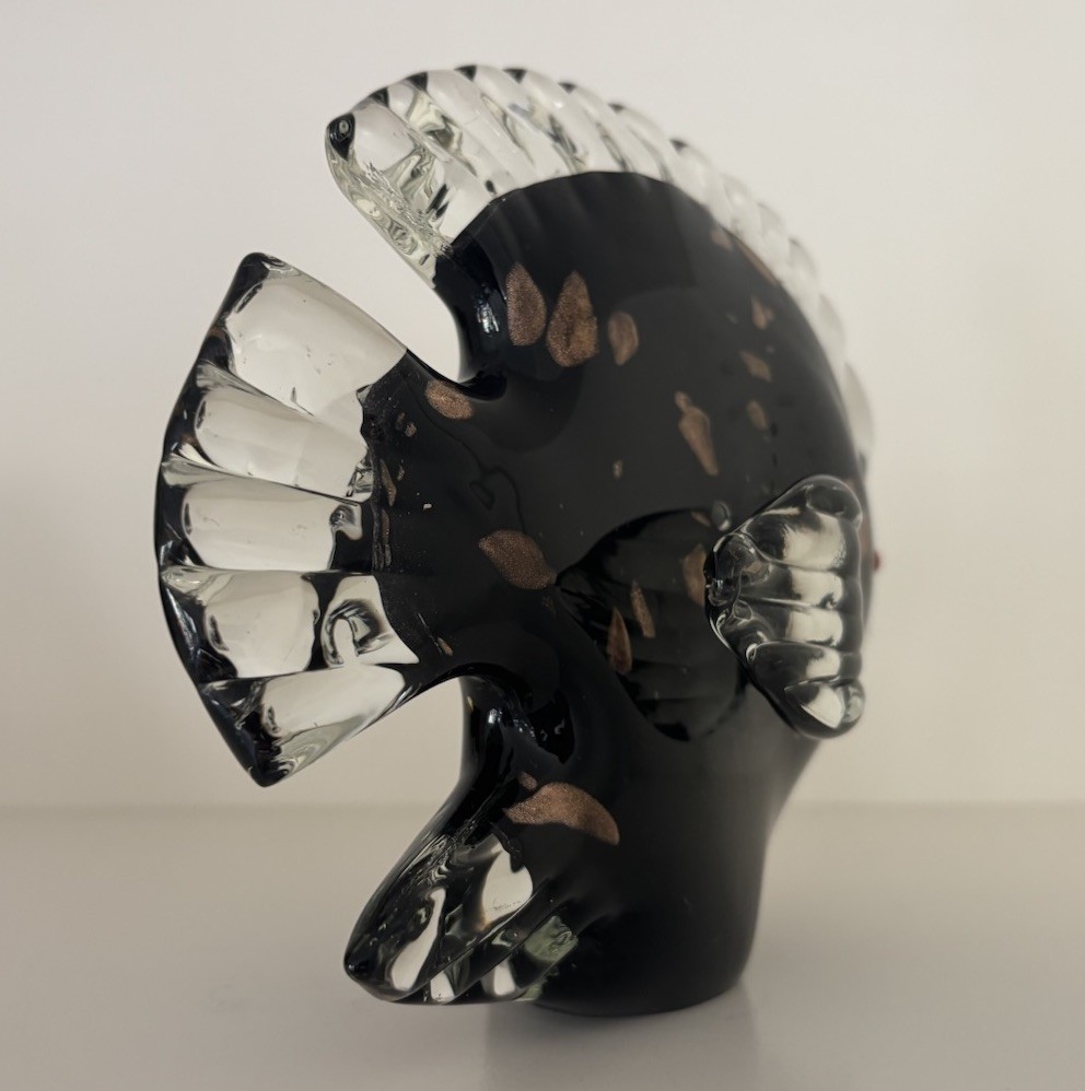 Vintage Murano Glass Fish Statue Black & Metallic Gold Excellent Condition