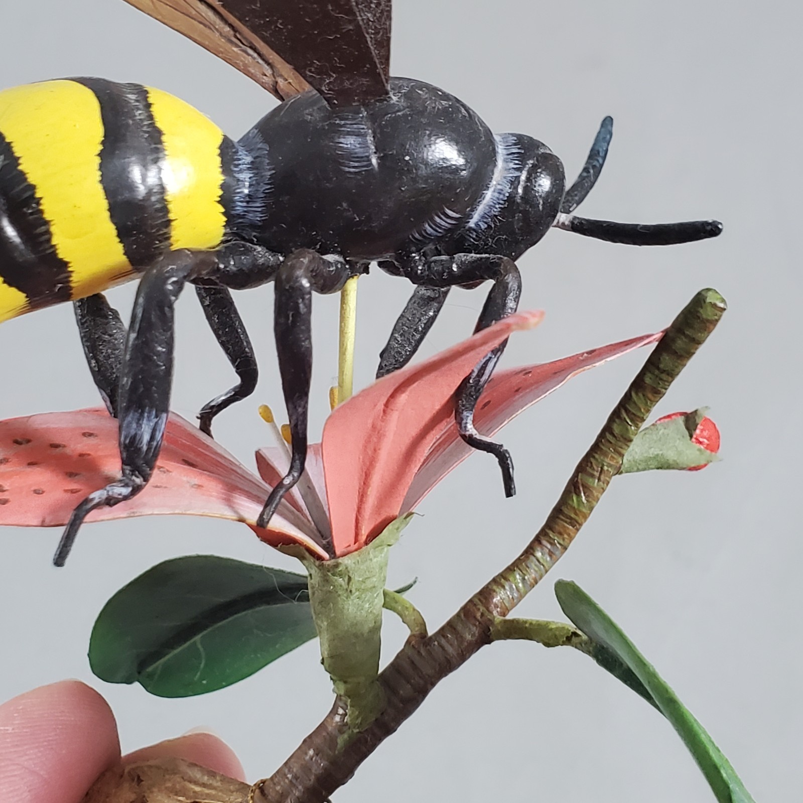 Vintage Nature Crafts Wood Paper Wasp on Flower & Branch Hand Carved & Painted