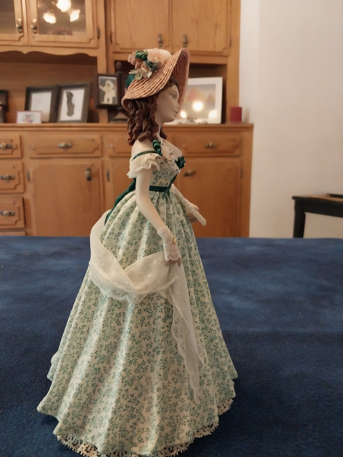 Signed Sylvia Porcelain Figurine Hand Painted Victorian Lady Green Floral Dress