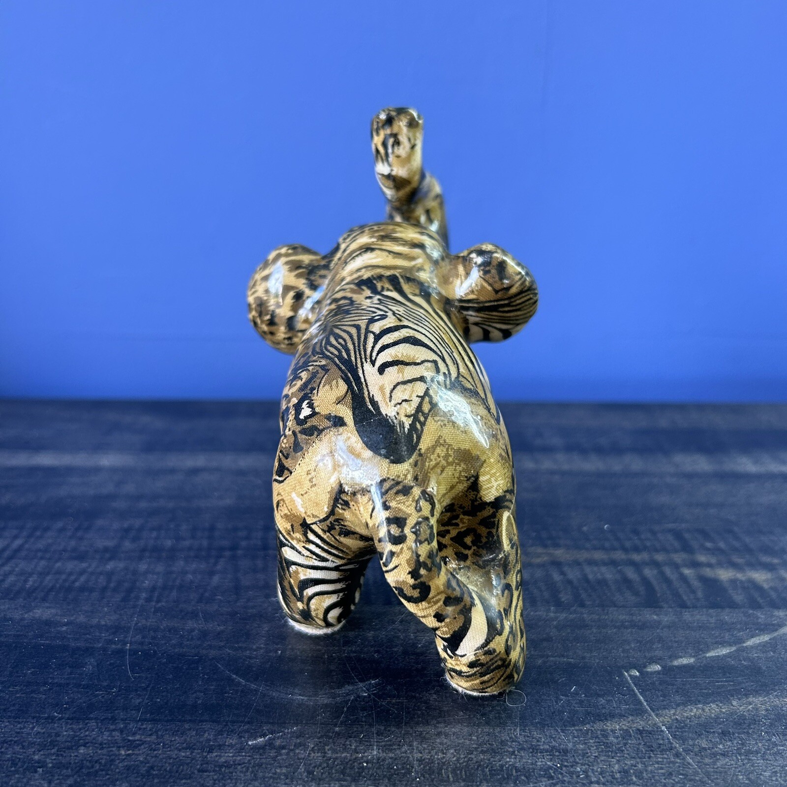 Elephant Trunk Up Figurine Glazed Animal Print Safari Fabric 5″ Decor La Vie
