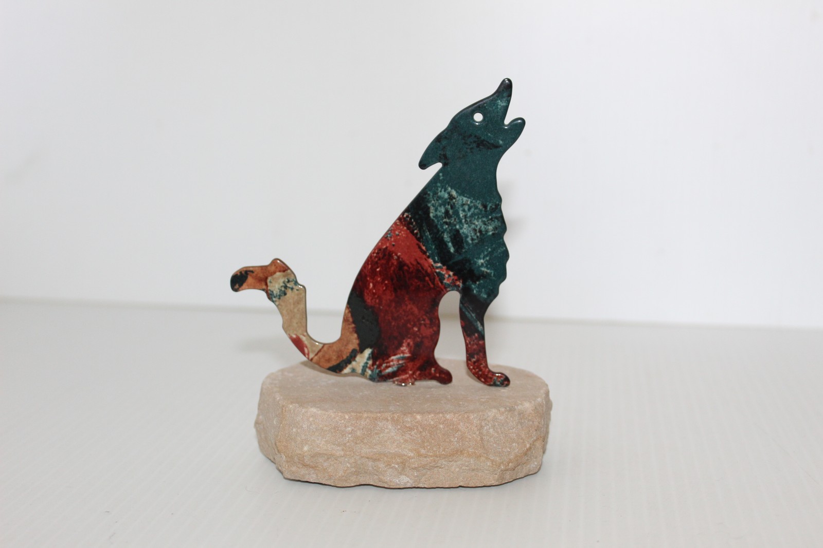 Howling Wolf Metal Sculpture on Stone Base Rustic Southwestern