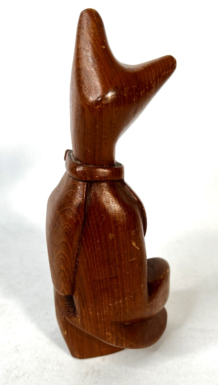 Vintage 60s MCM Hand Carved Teak Wood Cat Figurine Mid Century Bowtie 9.5″ Kitty