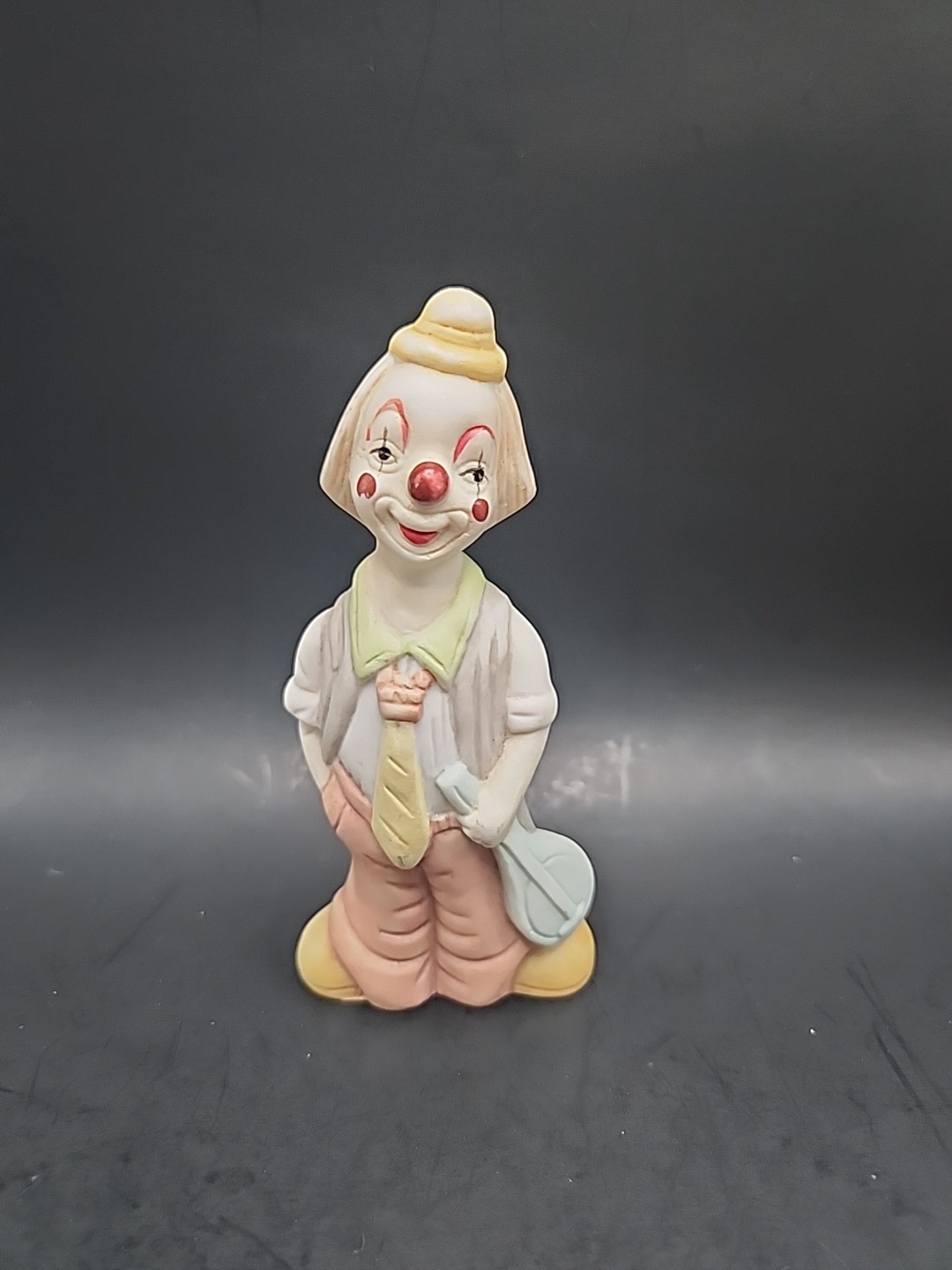 Vintage Retro 70s-80s Hobo Clown Figurine In Pastels Holding A Mandolin 4.5″