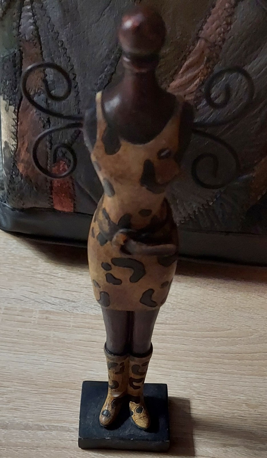 Jewelery Hanger Figurine Wood Metal Carvings Painted Animal Print Swirl Arms