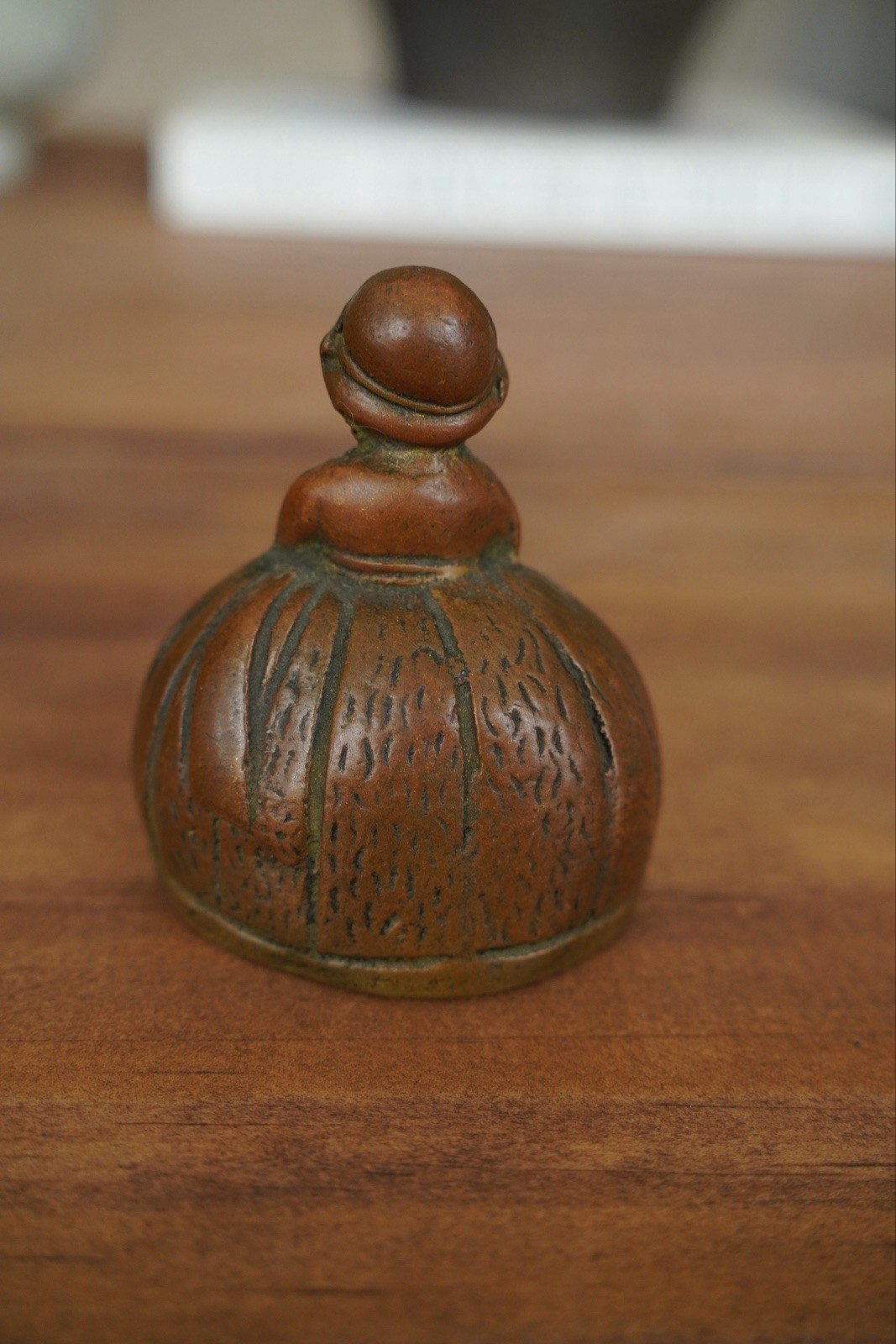 Vintage Brass Lady Figurine Bell Brown Patina Floral Dress Mini Collectible Bell