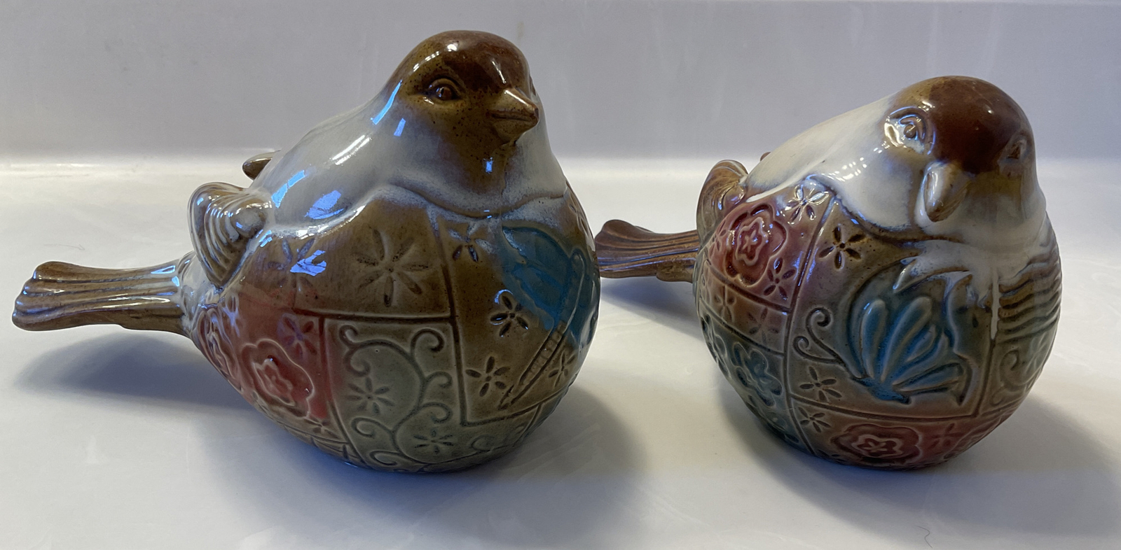 Pair 2 Patchwork Design Ceramic Birds by Valerie Statue Figurines 8” Soft Colors