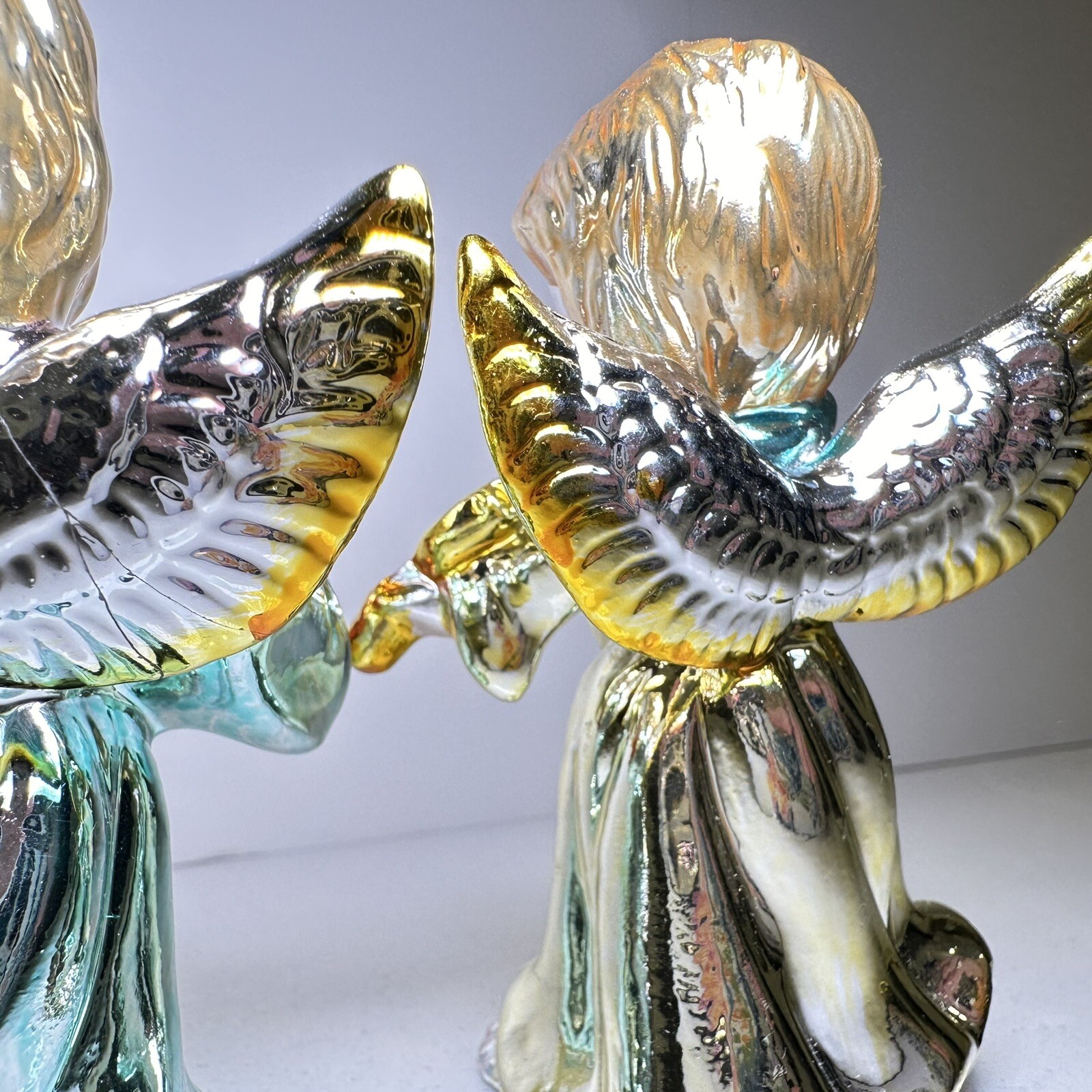 Vintage set of 4 Ceramic Musician Angels w/Gold And Multi Colored Metallic