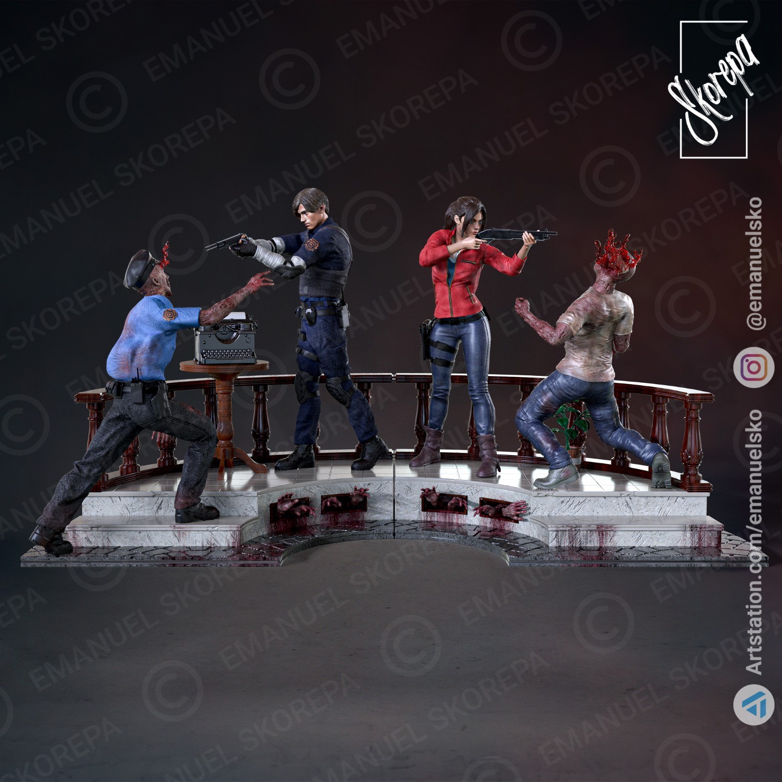 Leon and Claire Diorama Resident Evil 2 Hand Painted Model / DIY Kit 53pcs