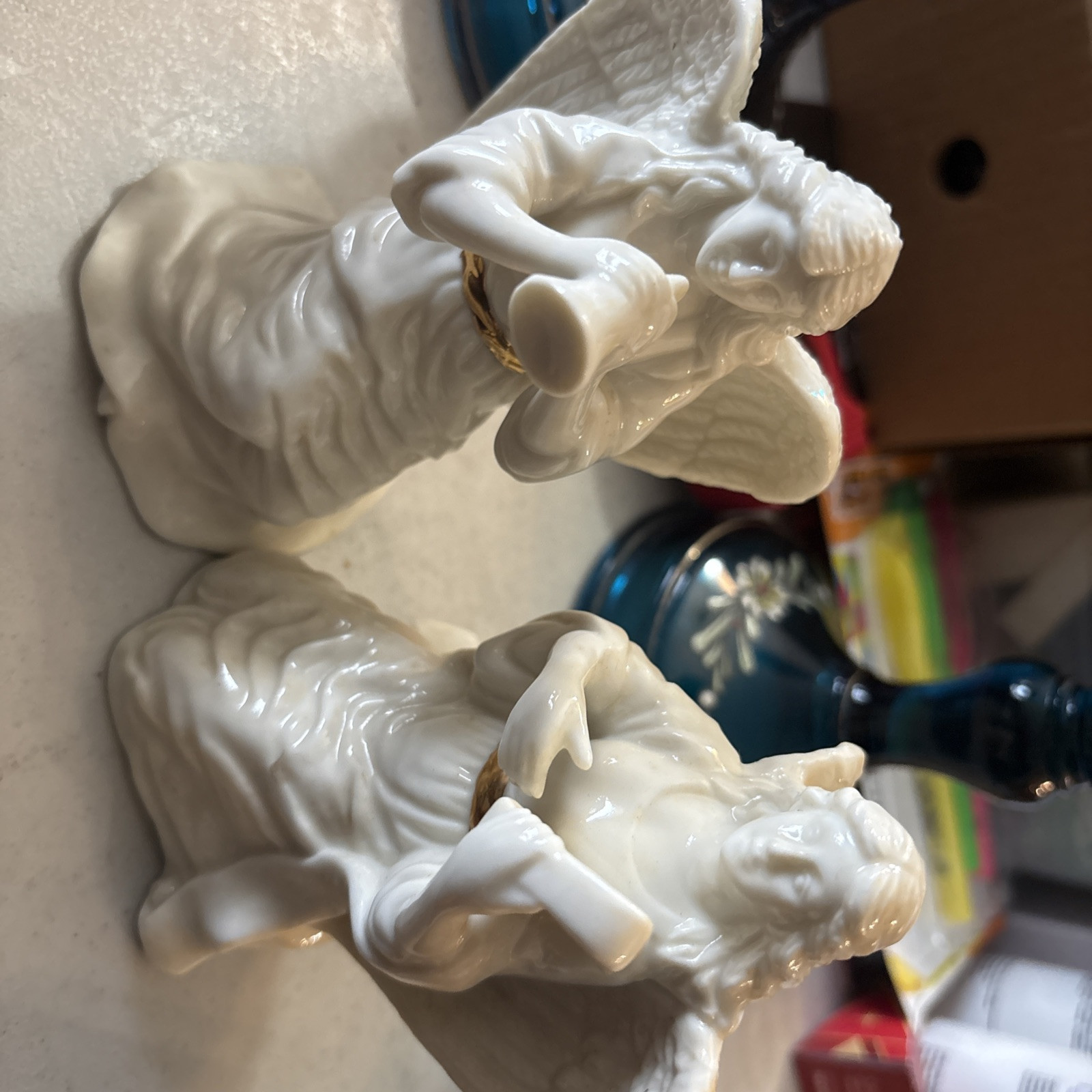 2 Lenox Kneeling Angel Figurines Holding Horn & Harp Holiday Nativity Scene.