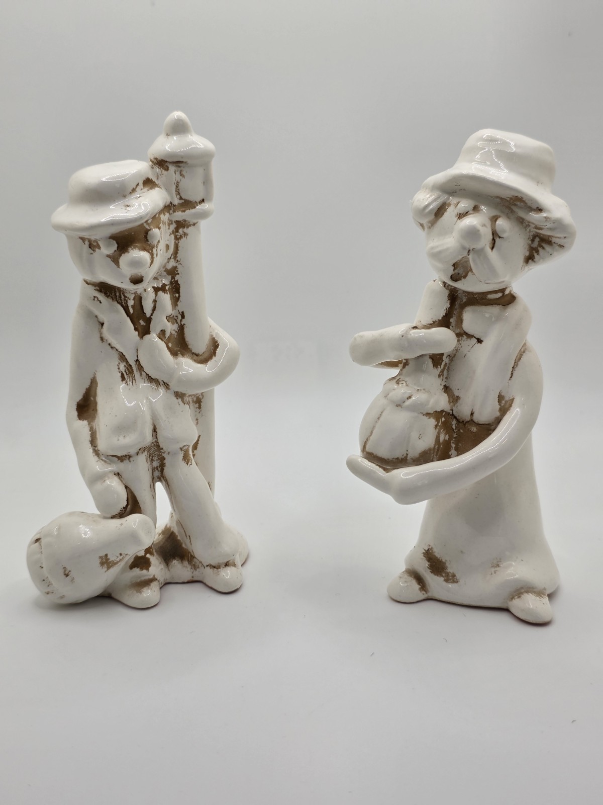Vintage Japan Hobo Tramp Set Of 2 Ceramic Figurines F-389 Distressed White Set