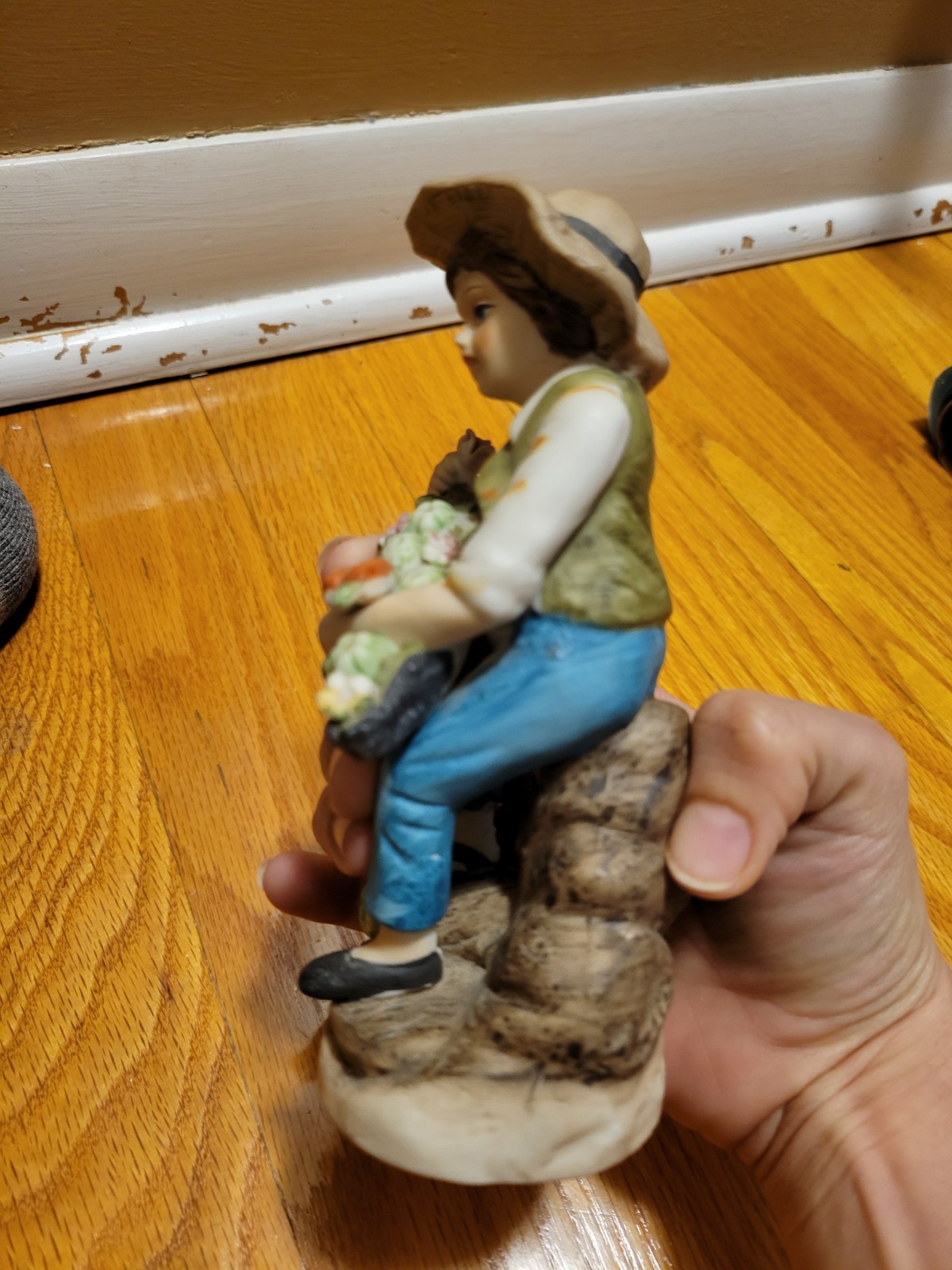 Vintage Porcelain Home Decor Figurine Farm Boy in Hat w/Basket of Veggies 5 1/2″
