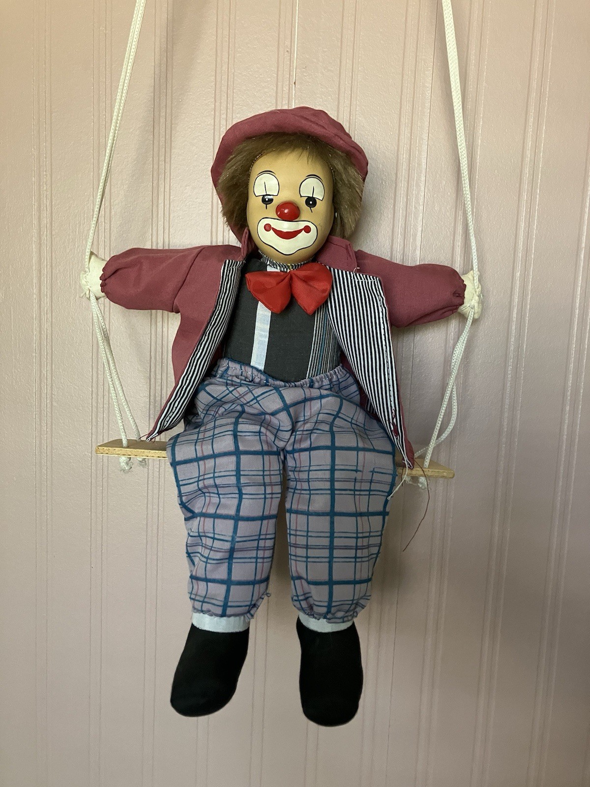 Vintage Marionette Porcelain Faced Clown On Swing