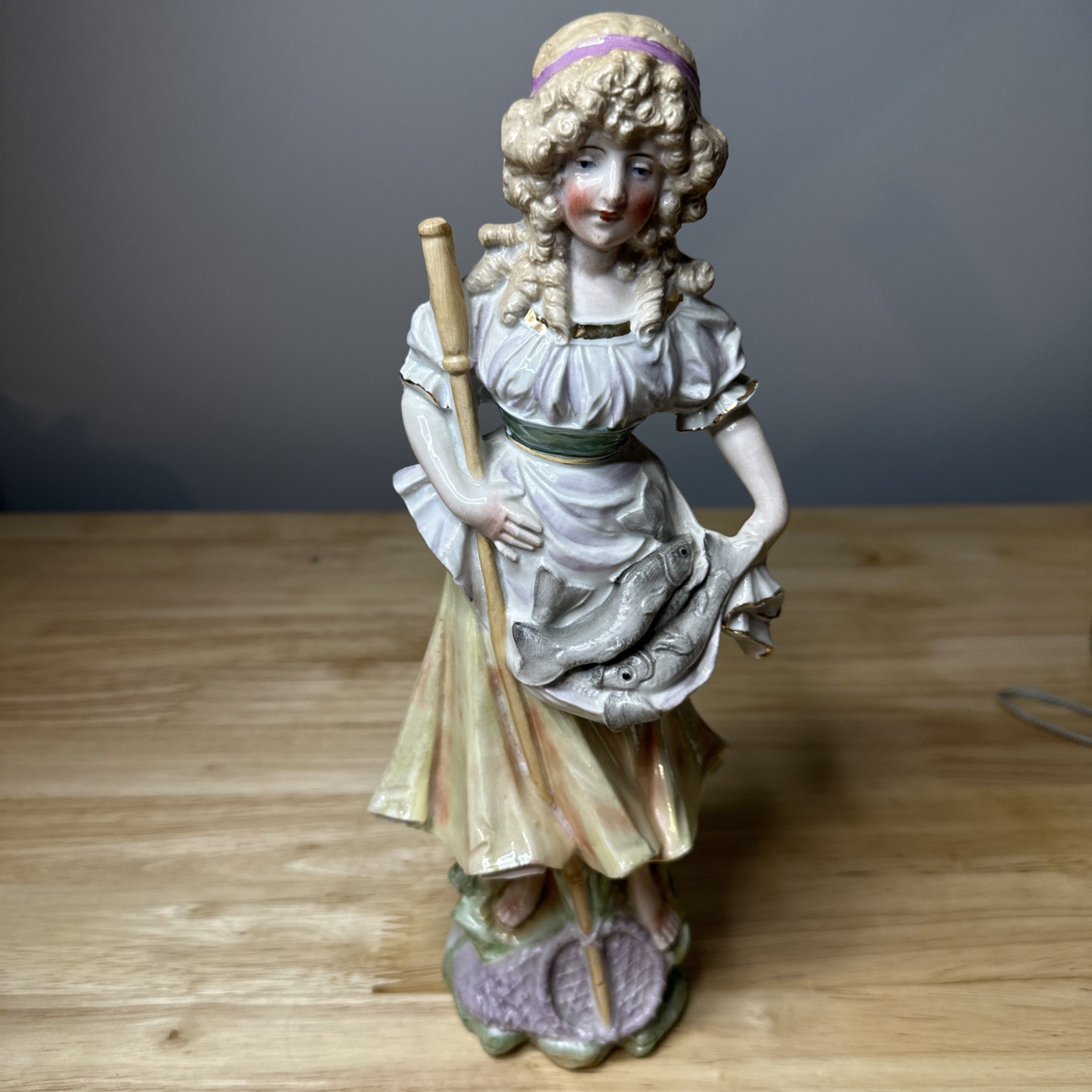 Antique German Bisque Figurine Fisherwoman Girl Flat back Mold 4234 12” 19thC