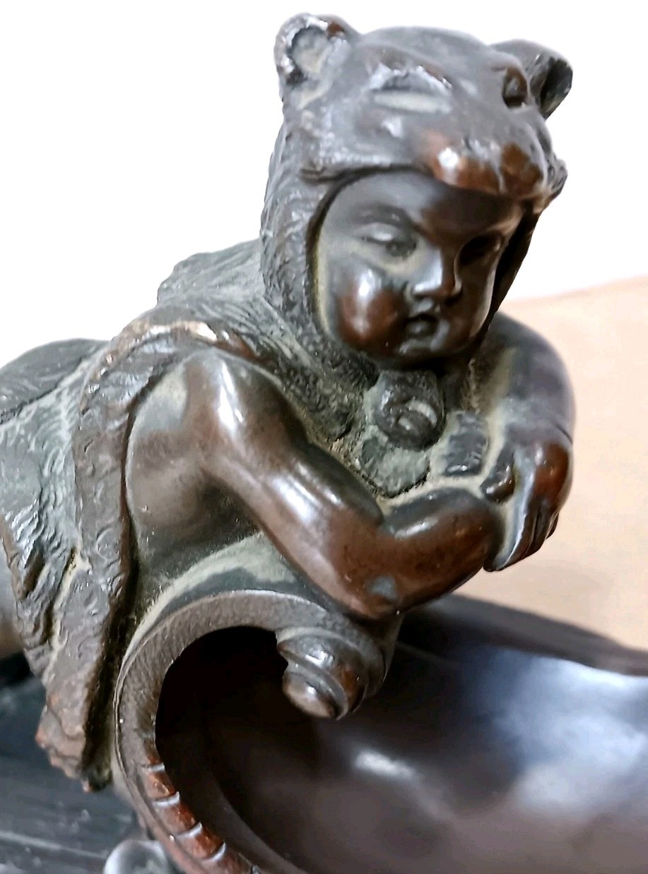 Antique Circa 1880s Bronze Figure, Putti Wearing Pelt & Ice SkatesOn A Sled OOAK