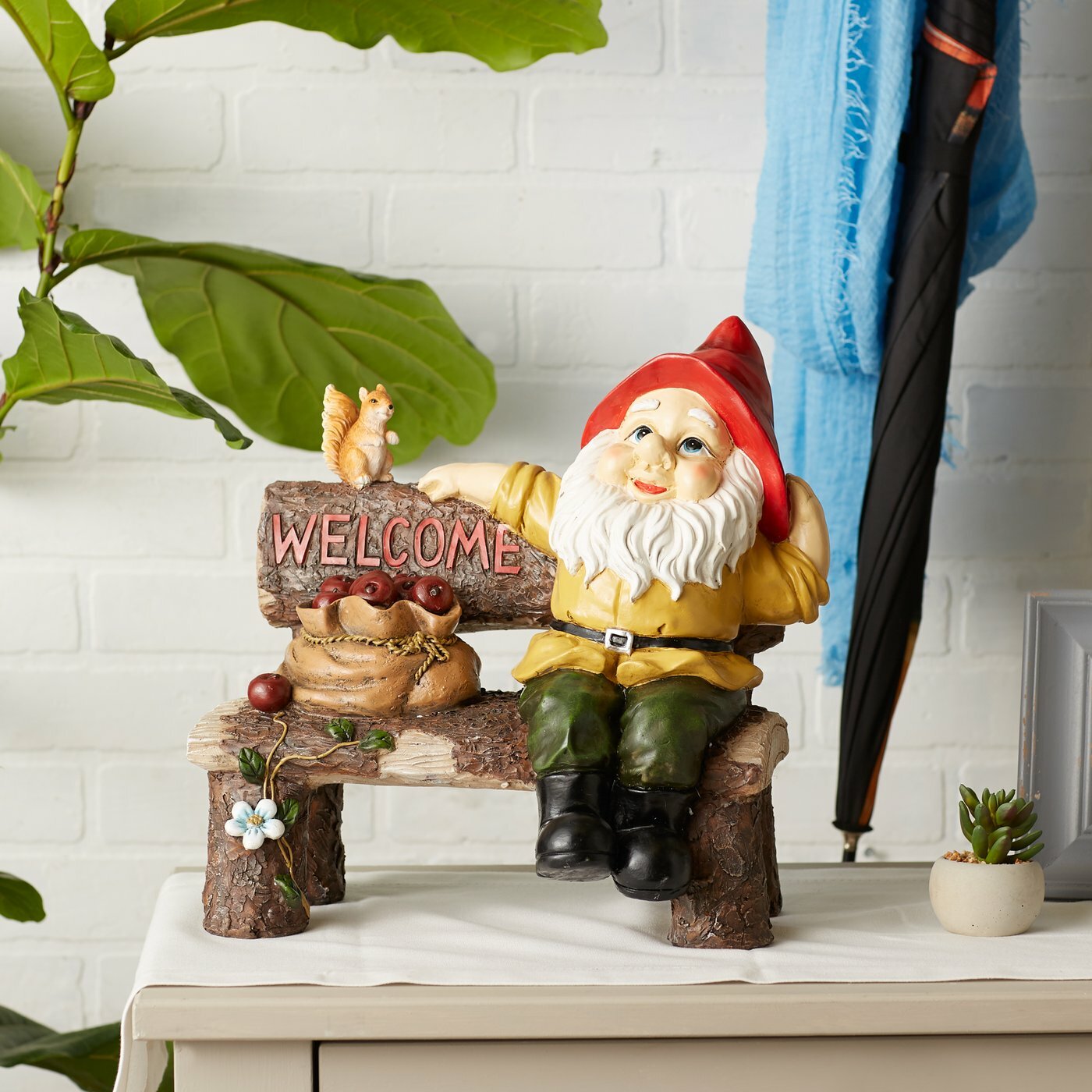 Multicolor Polyresin Garden Gnome Greeting Sign Statue Indoor Outdoor Decor